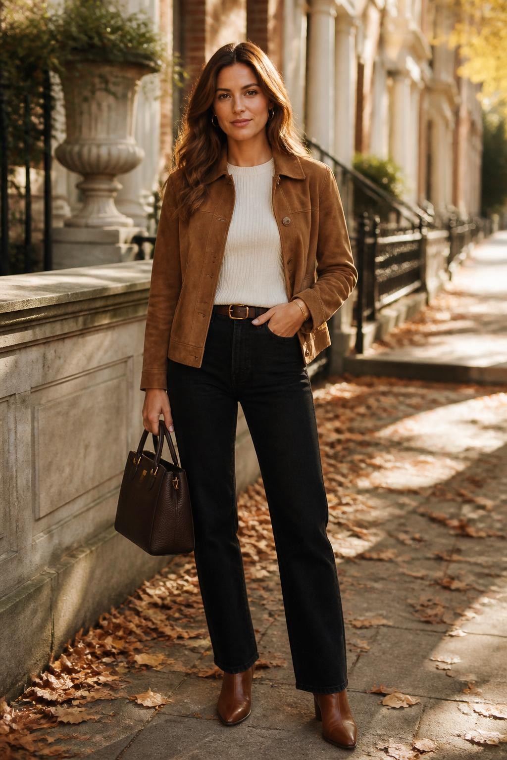 Image Prompt:
A chic old money autumn outfit featuring a woman wearing a tan suede jacket over a cream fitted knit top, black straight-leg jeans, brown ankle boots, a structured dark brown handbag, gold hoops, a slim bracelet, and soft natural waves. She is standing on a leafy sidewalk beside classic townhouses and warm afternoon sunlight. Realistic DSLR editorial fashion photo, refined suede texture, casual fall outfit, no text, no watermark.