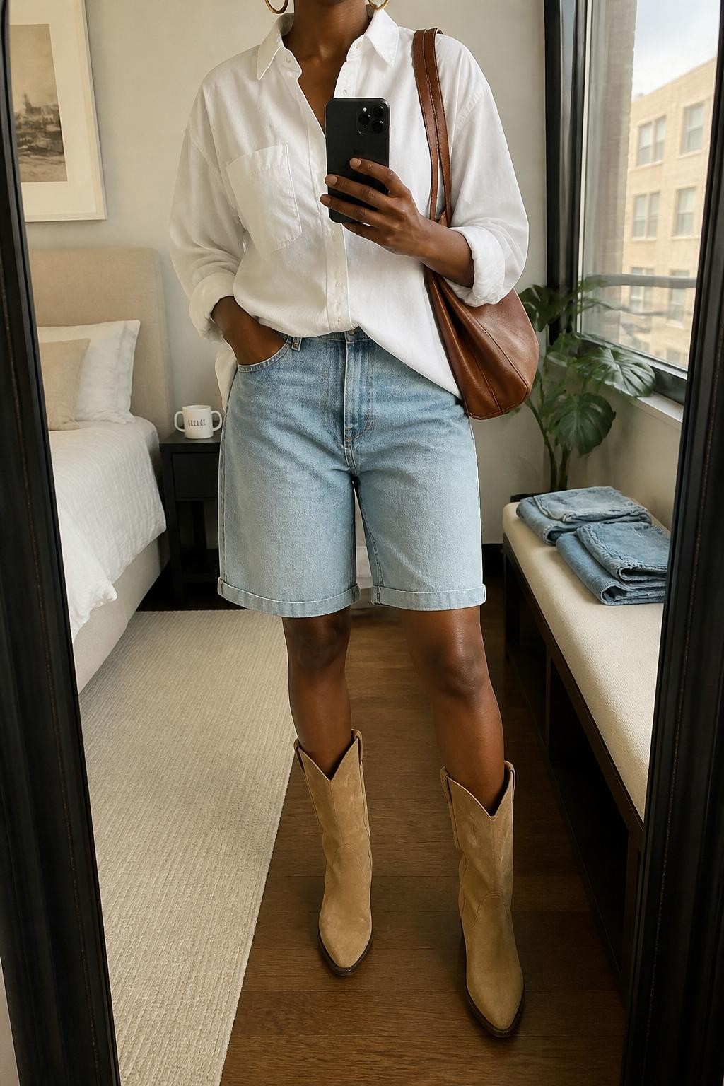 mirror selfie of a Black woman wearing light wash cuffed denim jorts, a crisp white oversized button-down shirt with sleeves rolled, tan suede cowboy boots, brown leather shoulder bag, and chunky gold hoop earrings, clearly showing the same clothing items, colors, fabrics, and accessories listed in the Outfit Pieces section, holding a phone in front of a mirror, cropped at NECK so the face does not show, with a relaxed casual selfie pose, in a stylish city apartment, soft indoor lighting, including a coffee mug on a bedside table and folded denim jeans on a bench, latest iPhone photo quality.