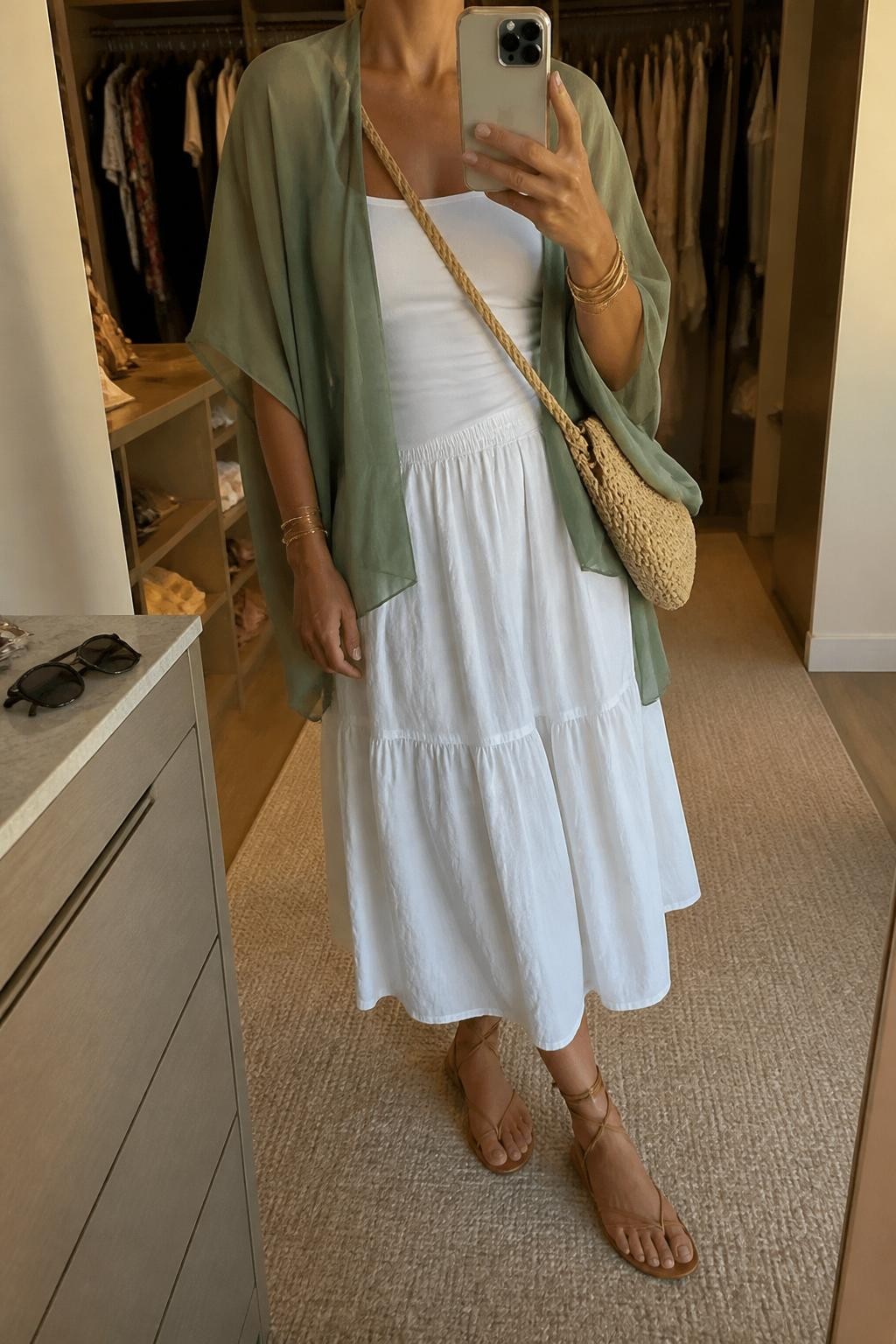 mirror selfie of a woman wearing a sage green sheer poncho layered over a white fitted camisole, white cotton midi skirt, tan lace-up flat sandals, woven beige crossbody bag, and gold layered bracelets, clearly showing the same clothing items, colors, fabrics, and accessories listed in the Outfit Pieces section, holding a phone in front of a mirror, cropped at NECK so the face does not show, with a relaxed casual selfie pose, in a walk-in closet mirror, evening golden hour, including an open closet with clothes visible and sunglasses placed on a dresser, latest iPhone photo quality.