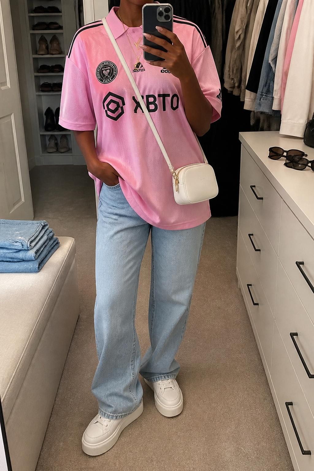 mirror selfie of a Black woman wearing an oversized pink soccer jersey, light blue straight-leg jeans, white platform sneakers, white mini crossbody bag, and gold heart pendant necklace, clearly showing the same clothing items, colors, fabrics, and accessories listed in the Outfit Pieces section, holding a phone in front of a mirror, cropped at NECK so the face does not show, with a relaxed casual selfie pose, in a walk-in closet mirror, soft indoor lighting, including folded denim jeans on a bench and sunglasses placed on a dresser, latest iPhone photo quality.
