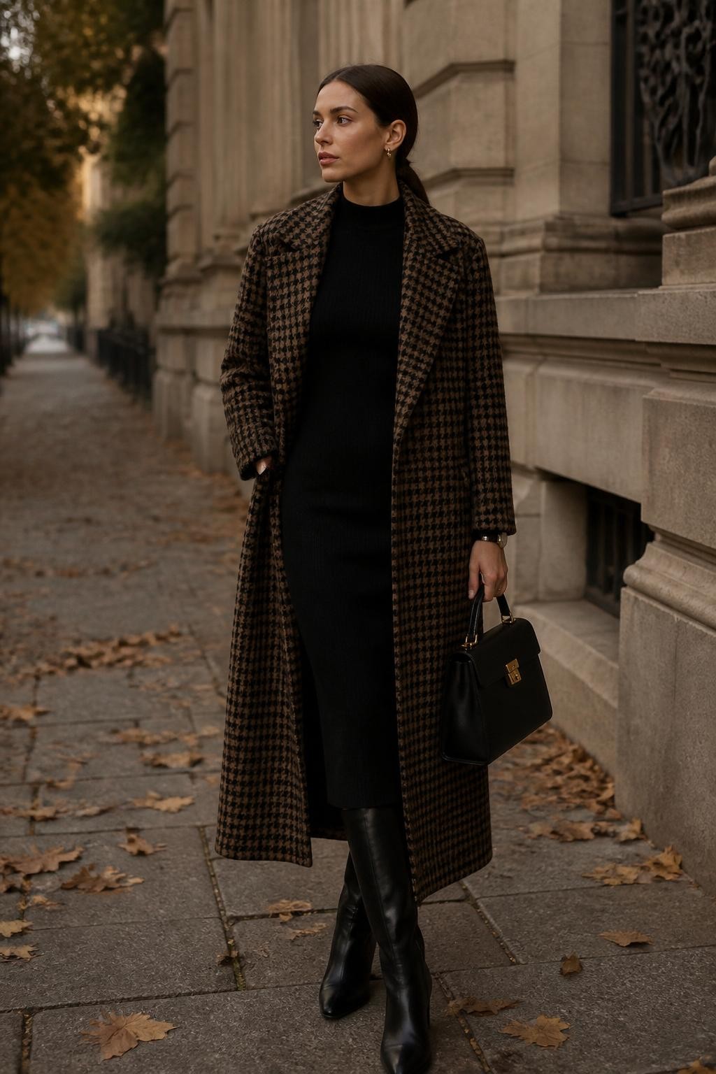 Image Prompt:
A stylish old money autumn outfit showing a woman wearing a black fitted knit midi dress under a long brown and black houndstooth wool coat, black leather knee-high boots, a structured black handbag, gold earrings, a slim watch, and sleek hair tucked behind the ears. She is standing near a classic city building with fallen leaves, soft overcast light, and an elegant autumn street style mood. Realistic editorial fashion photography, rich coat pattern, classy fall outfit, no text, no watermark.
