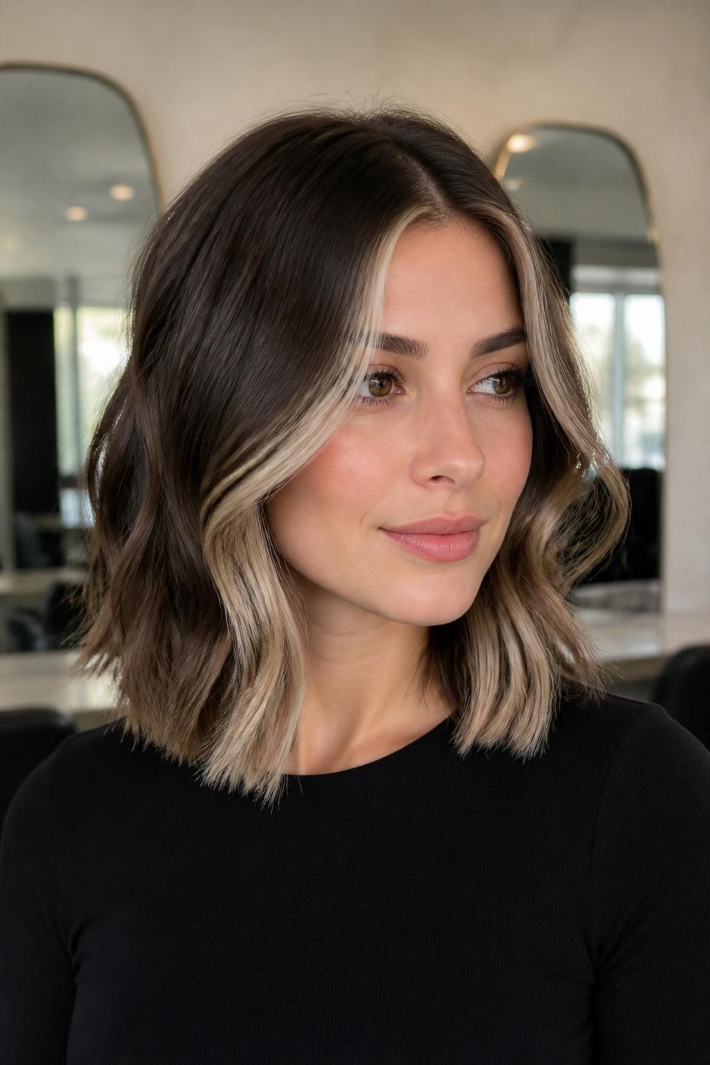 A realistic salon portrait of a woman with fair skin wearing a collarbone-length brunette lob, deep chocolate brown base, platinum beige halo color painted around the front hairline, money-piece area, and soft underlayer near the neck, smooth loose bends, clean middle part, beige blonde pieces blended but still clearly brighter than the base, natural shine, black fitted top, blurred salon mirror background, soft daylight, realistic hair strands, not overly glossy.