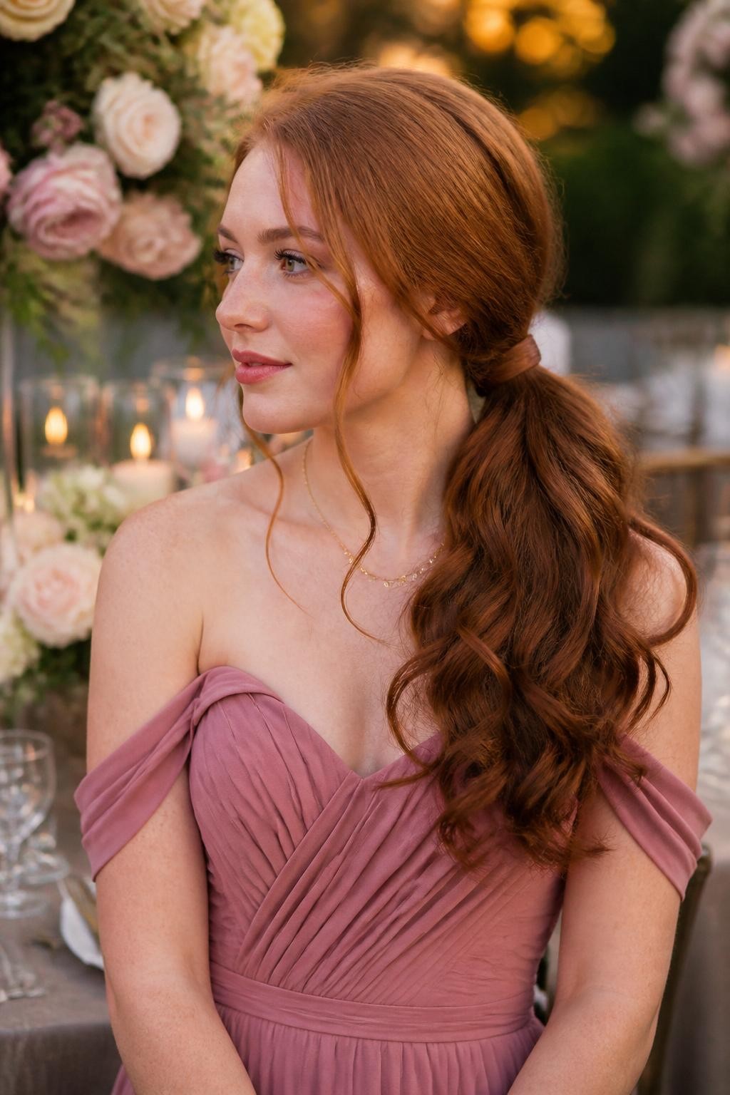 Image Prompt:
A realistic romantic hairstyle photo of a woman with long auburn hair styled into a low side ponytail, soft waves swept over one shoulder, loose curled tendrils around the face, wrapped ponytail base, dusty rose formal dress, delicate necklace, garden wedding reception background with flowers and candles, warm golden lighting, feminine wedding guest hairstyle inspiration, high-resolution DSLR photography, no text, (no watermarks on images)