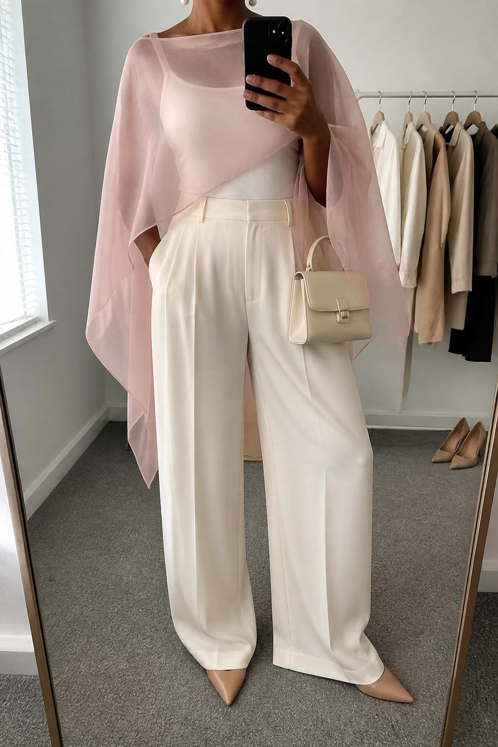 mirror selfie of a Black woman wearing a blush pink sheer organza poncho layered over a cream fitted tank top, cream high-waisted wide-leg trousers, nude pointed flats, cream structured mini bag, and pearl stud earrings, clearly showing the same clothing items, colors, fabrics, and accessories listed in the Outfit Pieces section, holding a phone in front of a mirror, cropped at NECK so the face does not show, with a relaxed casual selfie pose, in a minimal dressing room, natural window light, including a clothing rack with garments behind and a pair of heels on the floor nearby, latest iPhone photo quality.