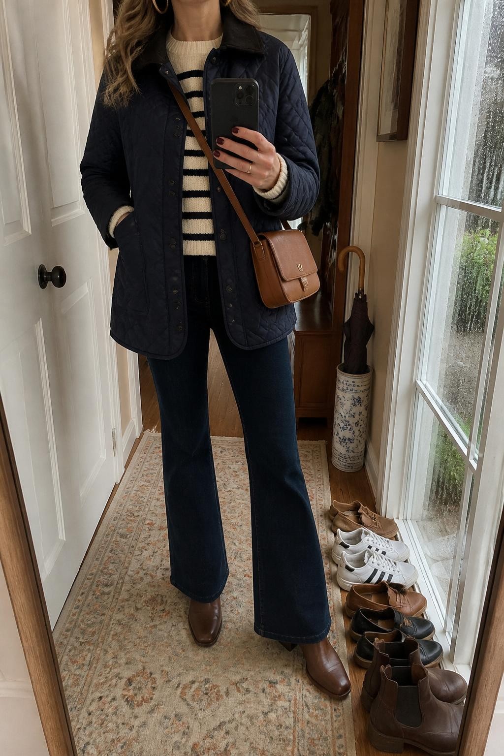 mirror selfie of a woman wearing the exact outfit described above, clearly showing a navy quilted coat layered over a striped cream and navy sweater, dark blue flare jeans, brown waterproof heeled ankle boots, a cognac leather crossbody bag, and gold hoop earrings, holding a phone in front of a mirror, cropped at NECK so the face does not show, with a relaxed casual selfie pose, in a cozy hallway mirror, natural rainy window light, with shoes lined neatly by the door and a small umbrella stand nearby, latest iPhone photo quality.