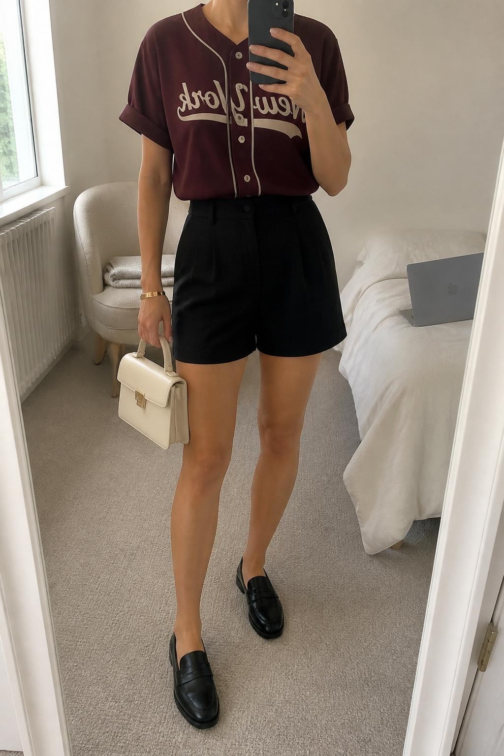 mirror selfie of a woman wearing a burgundy button-front baseball jersey tucked into black tailored high-waisted shorts, black loafers, cream structured mini bag, and gold cuff bracelet, clearly showing the same clothing items, colors, fabrics, and accessories listed in the Outfit Pieces section, holding a phone in front of a mirror, cropped at NECK so the face does not show, with a relaxed casual selfie pose, in a minimal dressing room, natural window light, including a folded blanket on a chair and a laptop on the bed, latest iPhone photo quality.
