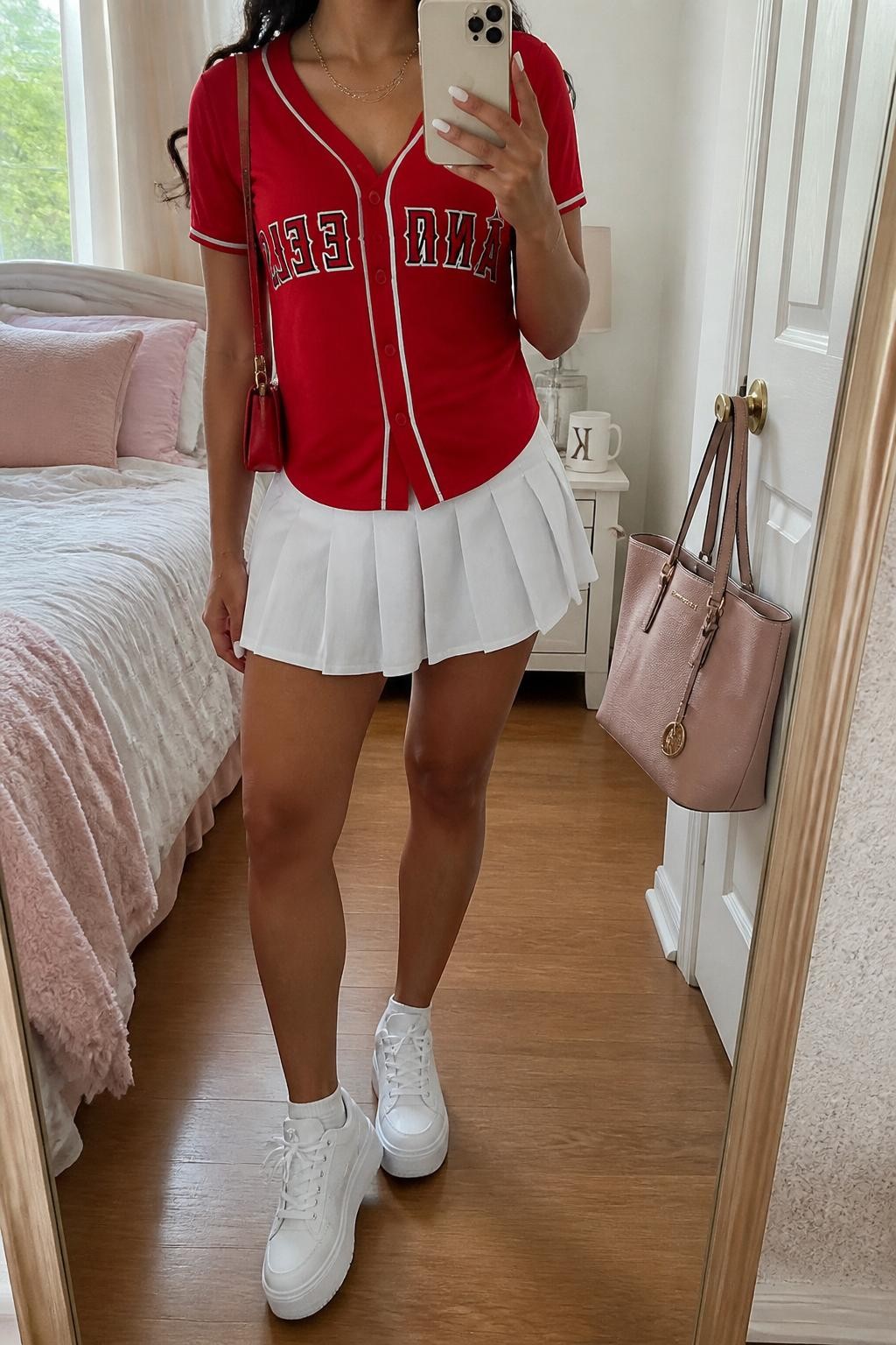 mirror selfie of a woman wearing a red button-front baseball jersey, white pleated tennis-style mini skirt, white platform sneakers, red mini shoulder bag, and slim gold chain necklace, clearly showing the same clothing items, colors, fabrics, and accessories listed in the Outfit Pieces section, holding a phone in front of a mirror, cropped at NECK so the face does not show, with a relaxed casual selfie pose, in a feminine-themed bedroom, natural window light, including a handbag hanging on a door handle and a coffee mug on a bedside table, latest iPhone photo quality.