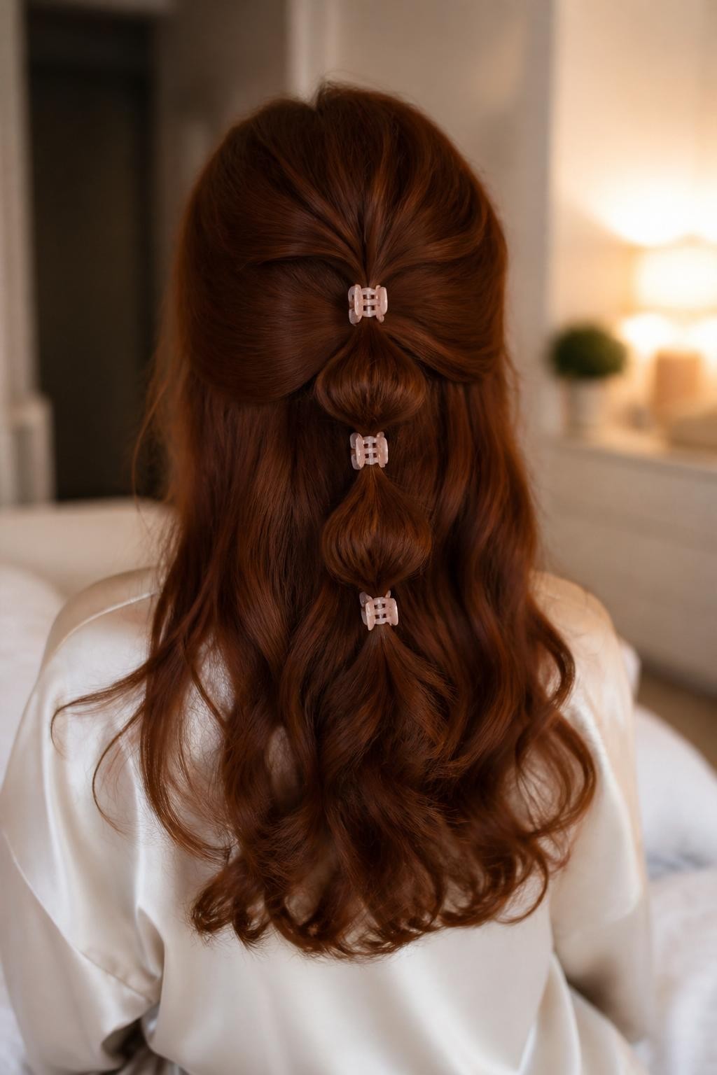 Image Prompt:
A realistic back-view beauty photo of a woman with medium-long auburn hair styled in a half-up hairstyle with three tiny blush mini claw clips placed vertically down the gathered section to create a soft bubble effect, loose curled ends, satin blouse, softly blurred bedroom background, warm glowy lighting, creative feminine hairstyle inspiration, high-resolution DSLR photo, no text, (no watermarks on images)