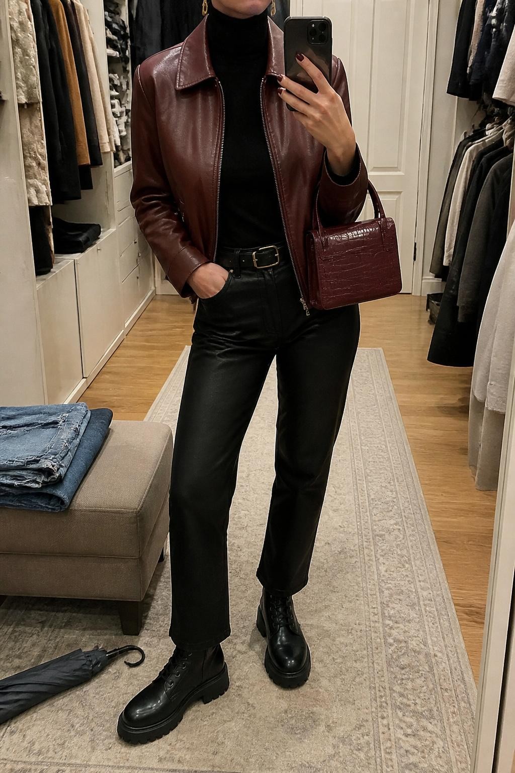 mirror selfie of a woman wearing the exact outfit described above, clearly showing a burgundy faux leather jacket layered over a black fitted turtleneck, black coated straight-leg jeans, black waterproof combat boots, a burgundy mini handbag, and gold drop earrings, holding a phone in front of a mirror, cropped at NECK so the face does not show, with a relaxed casual selfie pose, in a walk-in closet mirror, warm indoor lighting, with folded denim jeans on a bench and a compact umbrella on the floor nearby, latest iPhone photo quality.