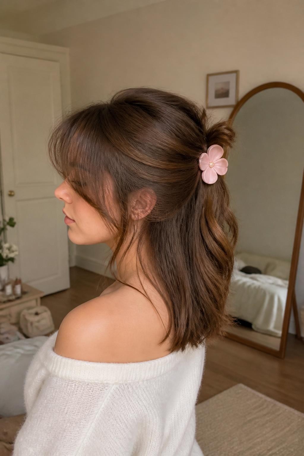 Image Prompt:
A realistic beauty photo of a woman with medium-length chestnut brown hair and curtain bangs styled into a loose half-up flower claw clip hairstyle, bangs softly parted and framing the face, top section clipped with a pale pink flower claw clip, soft bends through the ends, cream off-shoulder sweater, warm bedroom mirror setting, natural light, feminine trendy hairstyle inspiration, high-resolution DSLR photo, no text, (no watermarks on images)