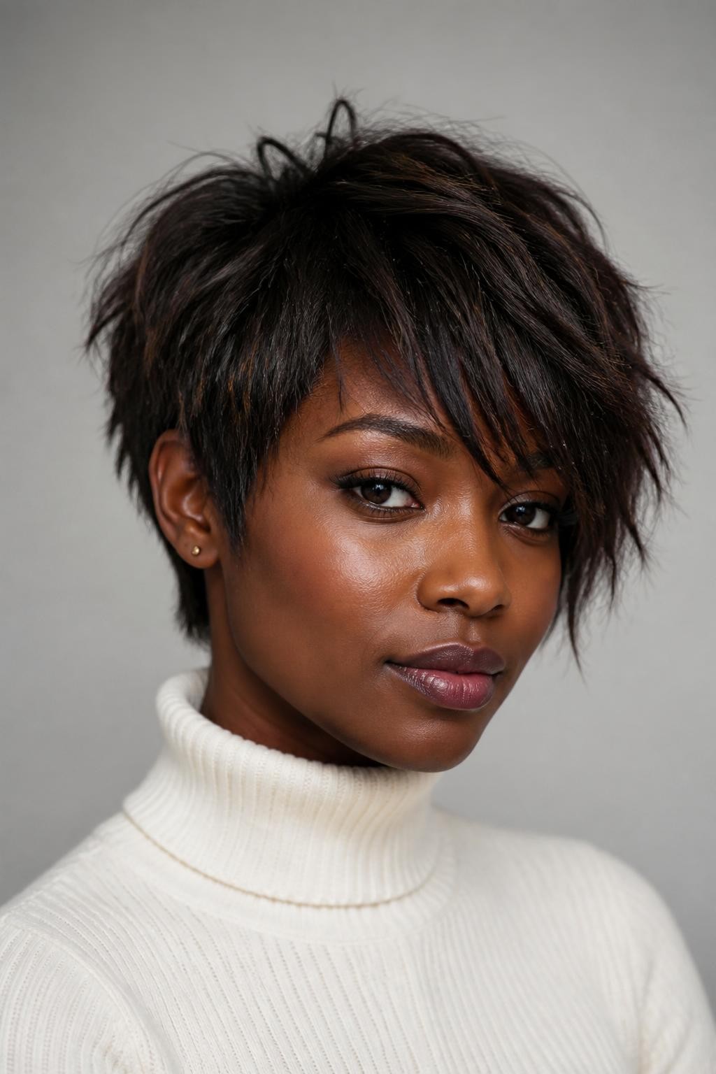 A realistic editorial portrait of a Black woman with deep brown skin wearing a textured pixie shag with long messy fringe, rich dark brown hair with subtle mocha highlights, short shaggy layers around the crown, long piecey fringe falling diagonally over one eyebrow, soft sideburn pieces, lightly tapered nape, natural lifted texture, gentle flyaways, small gold studs, ivory ribbed turtleneck, photographed against a soft gray studio background with natural-looking light, realistic skin texture, detailed hair strands, modern short hairstyle focus, not overly polished.