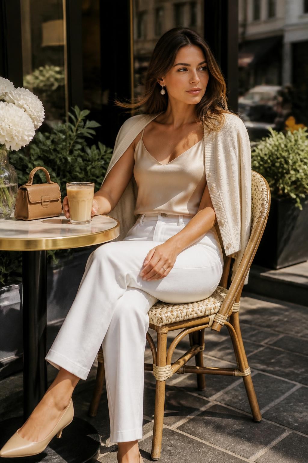 Image Prompt:
A refined old money summer outfit featuring a woman wearing straight-leg white jeans with a champagne silk camisole, a lightweight beige cardigan draped over her shoulders, nude pointed flats, a small tan leather handbag, pearl drop earrings, and soft natural hair. She is seated at an outdoor café with white flowers, iced coffee, and warm sunlight. Realistic editorial fashion photography, clean elegant styling, summer city mood, no text, no watermark.