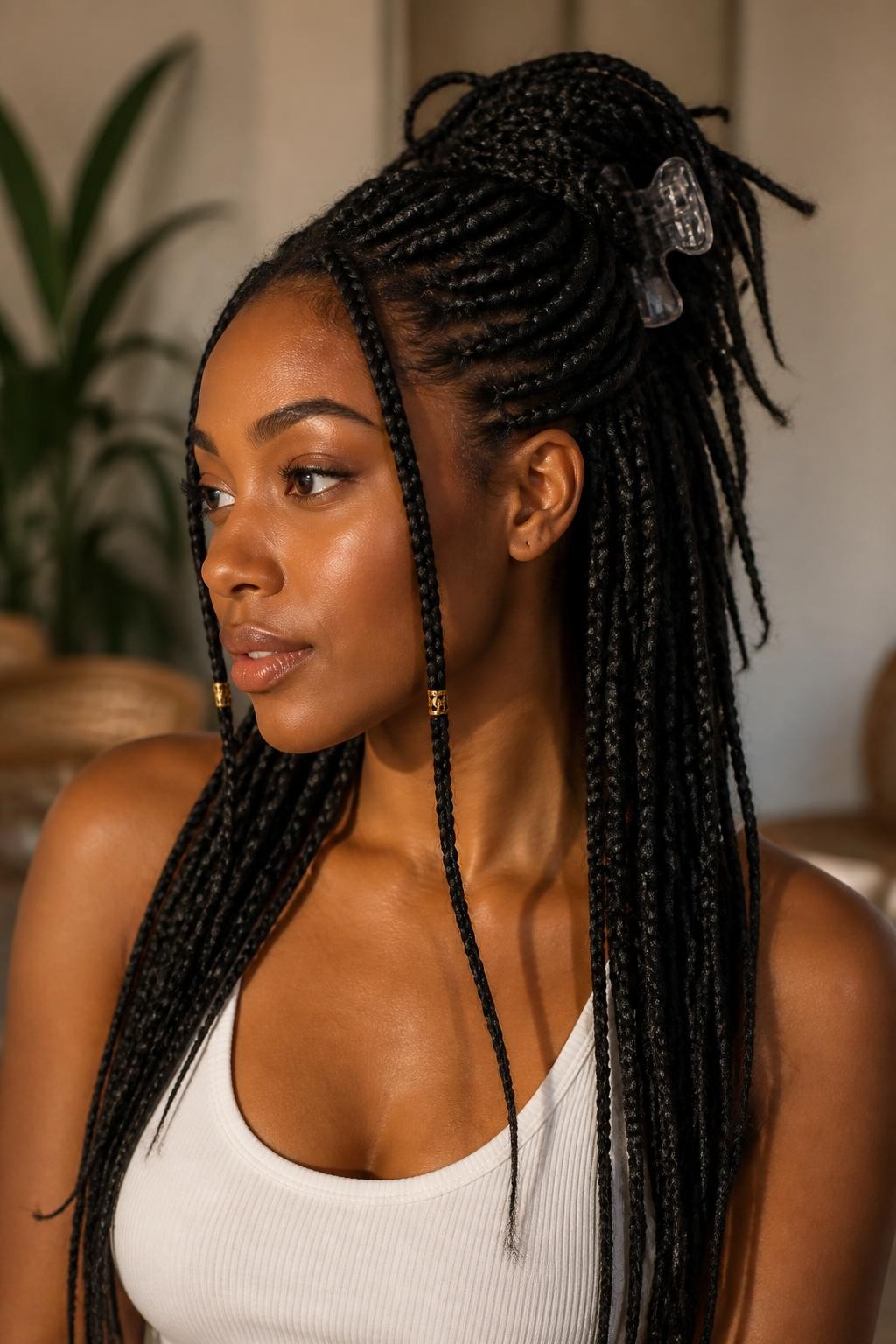 Image Prompt:
A realistic editorial portrait of a black woman with long knotless box braids styled into a messy half-up claw clip look, top braids loosely gathered with a large clear acrylic claw clip, lower braids flowing over the shoulders, a few front braids left loose, gold braid cuffs, simple white tank top, warm studio lighting, modern protective hairstyle inspiration, high-resolution DSLR photo, no text, (no watermarks on images)