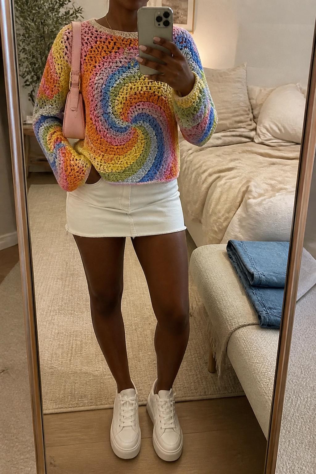 mirror selfie of a Black woman wearing a rainbow spiral crochet sweater with soft pastel swirl patches, white denim mini skirt, white platform sneakers, pale pink mini shoulder bag, and delicate gold necklace, clearly showing the same clothing items, colors, fabrics, and accessories listed in the Outfit Pieces section, holding a phone in front of a mirror, cropped at NECK so the face does not show, with a relaxed casual selfie pose, in a cozy bedroom mirror setup, soft indoor lighting, including soft pillows on an unmade bed and folded denim jeans on a bench, latest iPhone photo quality.