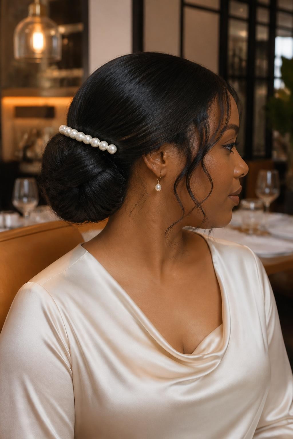 Image Prompt:
A realistic elegant hairstyle photo of a black woman with medium-length silk-pressed hair styled into a soft low chignon, a long pearl barrette clip placed across the top of the chignon, smooth crown, softly curled tendrils near the cheeks, warm brown skin, satin ivory blouse, refined restaurant-style background, warm indoor lighting, polished feminine hairstyle inspiration, high-resolution DSLR photography, no text, (no watermarks on images)