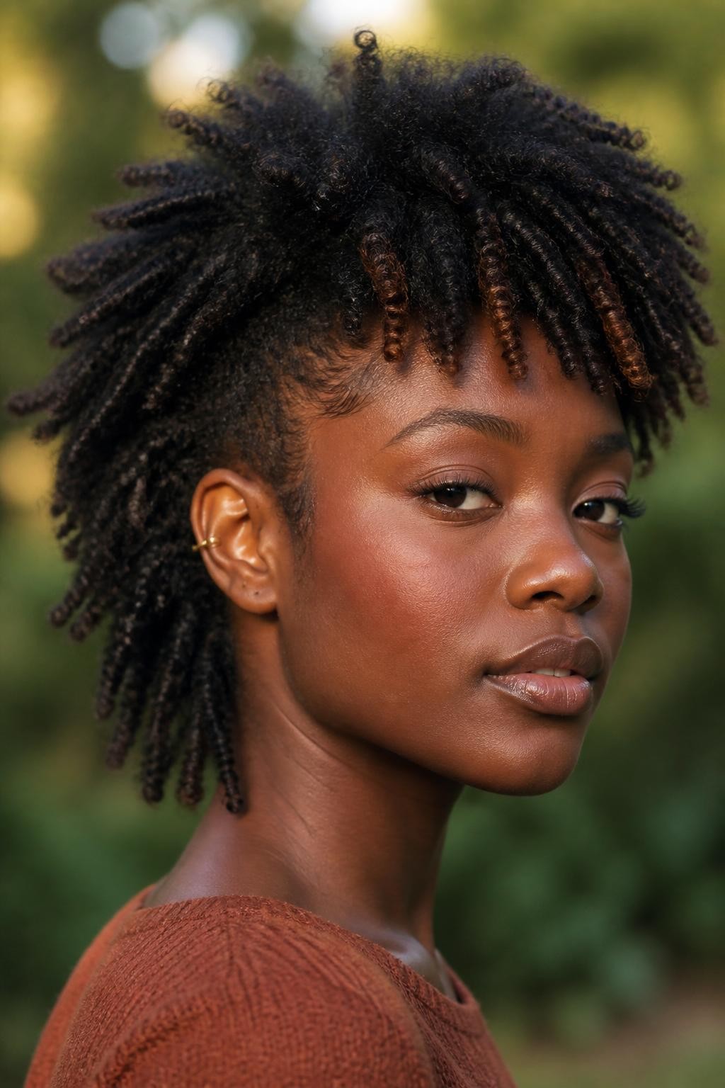 A realistic close-up portrait of a Black woman with deep brown skin wearing a coily tapered shag with short messy textured fringe, tight natural coils in a rich black-brown shade, short uneven coil fringe sitting across the upper forehead, fuller volume through the crown, tapered sides, longer coily layers at the back, a few copper-brown coil accents near the fringe, natural edges, gold ear cuff, rust-colored knit top, photographed outdoors in soft golden-hour light with blurred greenery behind her, realistic coil texture, natural frizz, visible skin texture, editorial hairstyle focus.