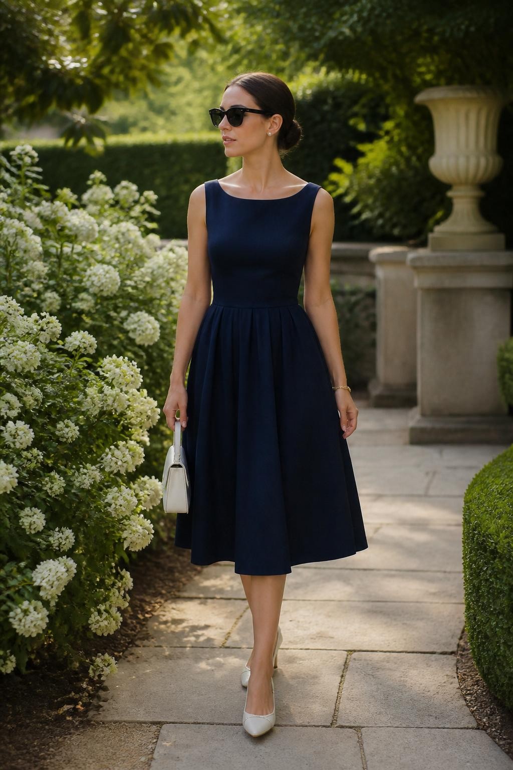 Image Prompt:
A classic old money summer outfit showing a woman wearing a navy sleeveless fit-and-flare midi sundress with white slingback flats, a small white handbag, pearl studs, a thin gold bracelet, and black sunglasses. She is walking through a quiet garden path with white flowers, trimmed greenery, and soft sunlight. Realistic DSLR editorial fashion image, elegant summer dress styling, timeless old money mood, no text, no watermark.