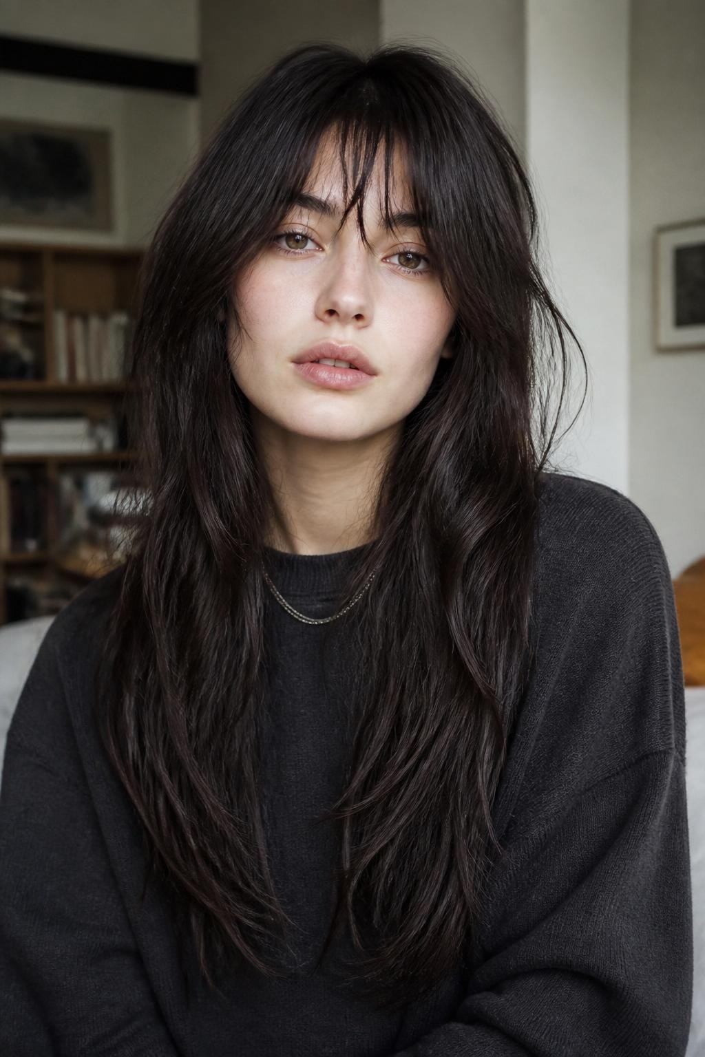 A realistic portrait of a woman with fair skin wearing long dark layered hair with grunge feather fringe, soft black-brown hair, fringe cut in feathered uneven pieces that fall around the brows and slightly separate in the middle, long face-framing layers, tousled waves through the lengths, matte texture, subtle flyaways, dark gray oversized sweater, thin silver necklace, photographed in a cozy apartment with blurred bookshelves and warm daylight, realistic skin texture, natural hair movement, relaxed editorial beauty image.