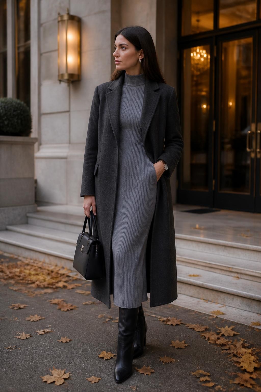 Image Prompt:
A refined old money autumn outfit on a woman wearing a long charcoal wool coat over a soft gray ribbed knit midi dress, black leather knee-high boots, a structured black handbag, silver hoop earrings, a slim watch, and sleek straight hair. She is standing beside a luxury hotel entrance with marble steps, warm lights, and fallen autumn leaves. Realistic editorial fashion photo, elegant gray monochrome styling, quiet luxury fall outfit, no text, no watermark.