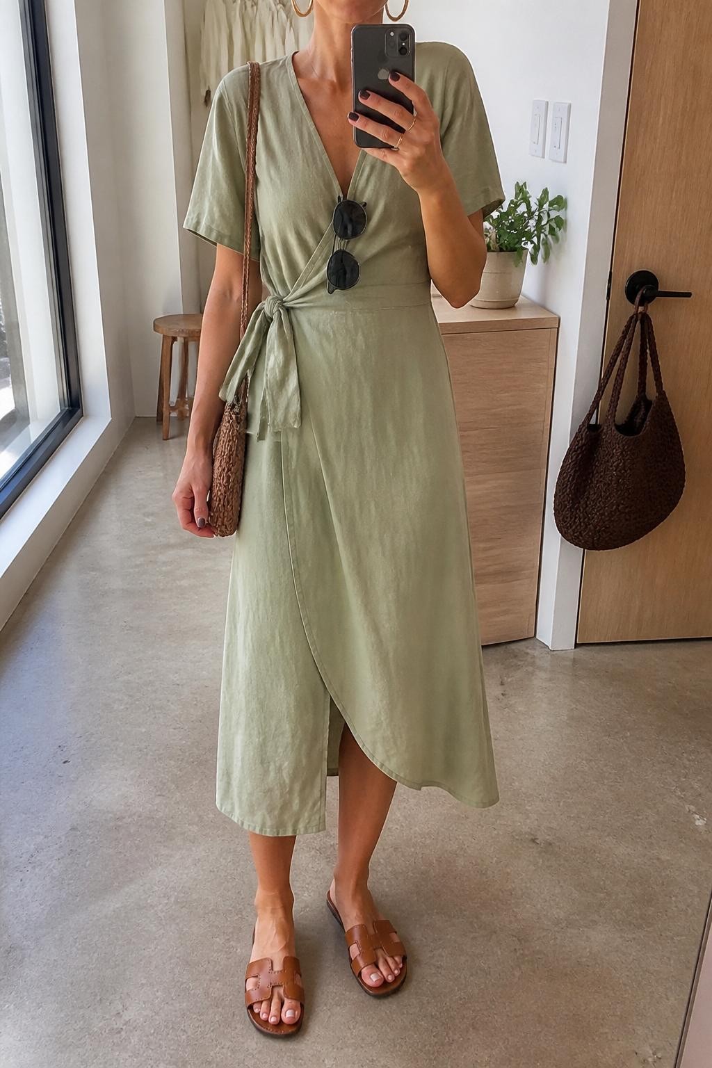 Outfit Image Prompt:
mirror selfie of a woman wearing a sage green wrap midi dress, brown leather flat sandals, a brown woven shoulder bag, gold hoop earrings, and slim black sunglasses, holding a phone in front of a mirror, cropped at NECK so the face does not show, relaxed casual selfie pose, in a fashion studio mirror corner, natural window light, with a handbag hanging on a door handle and a small plant on a dresser, realistic latest iPhone photo quality, soft casual vacation styling.