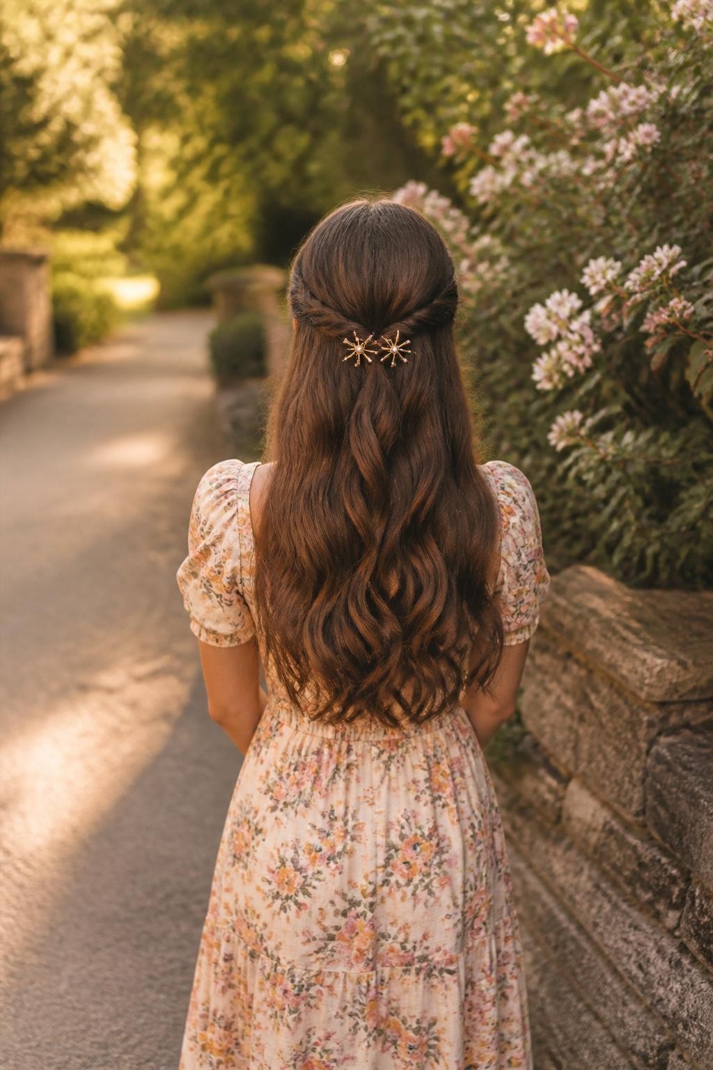 Image Prompt:
A realistic back-view beauty photo of a woman with long chestnut brown hair styled with two soft crown twists meeting at the back, secured with two small pearl-and-gold star clips, loose waves flowing down the back, floral midi dress, garden walkway background, golden hour light, romantic creative hairstyle inspiration, high-resolution DSLR photo, no text, (no watermarks on images)