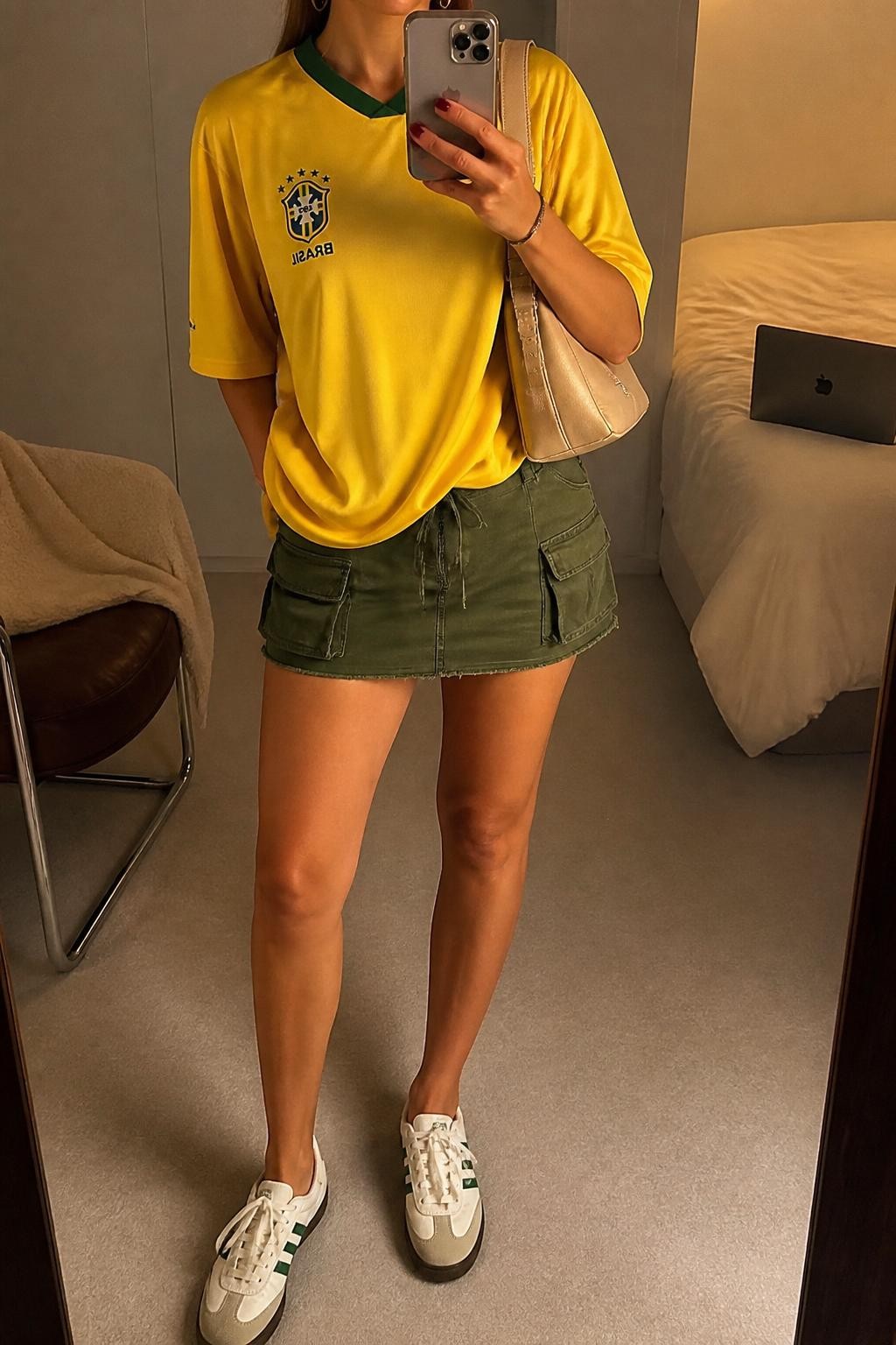 mirror selfie of a woman wearing an oversized yellow soccer jersey, olive green cargo mini skirt, white and green retro sneakers, beige nylon shoulder bag, and small gold hoop earrings, clearly showing the same clothing items, colors, fabrics, and accessories listed in the Outfit Pieces section, holding a phone in front of a mirror, cropped at NECK so the face does not show, with a relaxed casual selfie pose, in a minimal dressing room, evening golden hour, including a folded blanket on a chair and a laptop on the bed, latest iPhone photo quality.