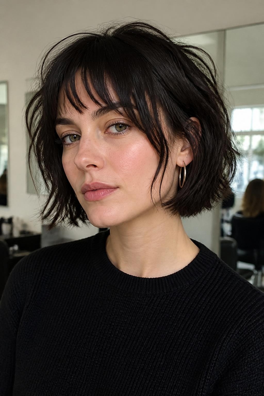 A realistic portrait of a woman with fair skin wearing a shaggy French bob with broken textured fringe, cool dark brunette hair, short bob ending around the jawline, messy fringe cut in uneven airy pieces across the forehead, soft side pieces around the temples, choppy crown layers, slightly bent ends, matte lived-in texture, thin silver hoop earrings, black knit top, photographed inside a modern salon with blurred mirrors and soft daylight, realistic flyaways, natural skin texture, casual editorial beauty photo.