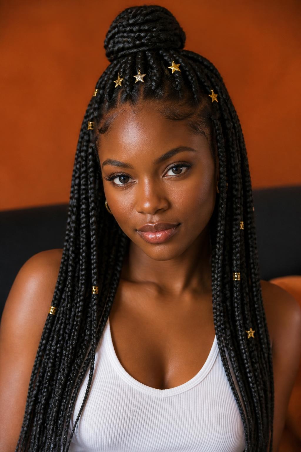 Image Prompt:
A realistic editorial portrait of a black woman with long knotless box braids styled half-up, several small gold star clips placed throughout the front braids and near the crown, lower braids flowing over the shoulders, gold braid cuffs, white tank top, warm studio lighting, modern protective hairstyle inspiration, high-resolution DSLR photo, no text, (no watermarks on images)