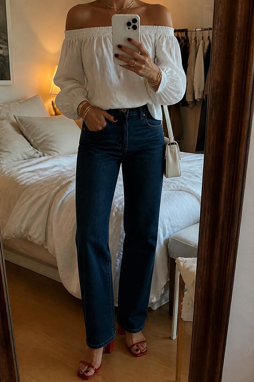 Image Prompt:
mirror selfie of a woman wearing a white cotton off-shoulder blouse, dark blue straight-leg denim jeans, red block-heel sandals, a small white shoulder bag, and gold layered bracelets, clearly showing the same clothing items, colors, fabrics, and accessories listed in the Outfit Pieces section, holding a phone in front of a mirror, cropped at NECK so the face does not show, with a relaxed casual selfie pose, in a cozy bedroom mirror setup, evening golden hour, with soft pillows on an unmade bed and a clothing rack with garments behind, natural casual mirror selfie, not staged, latest iPhone photo quality.