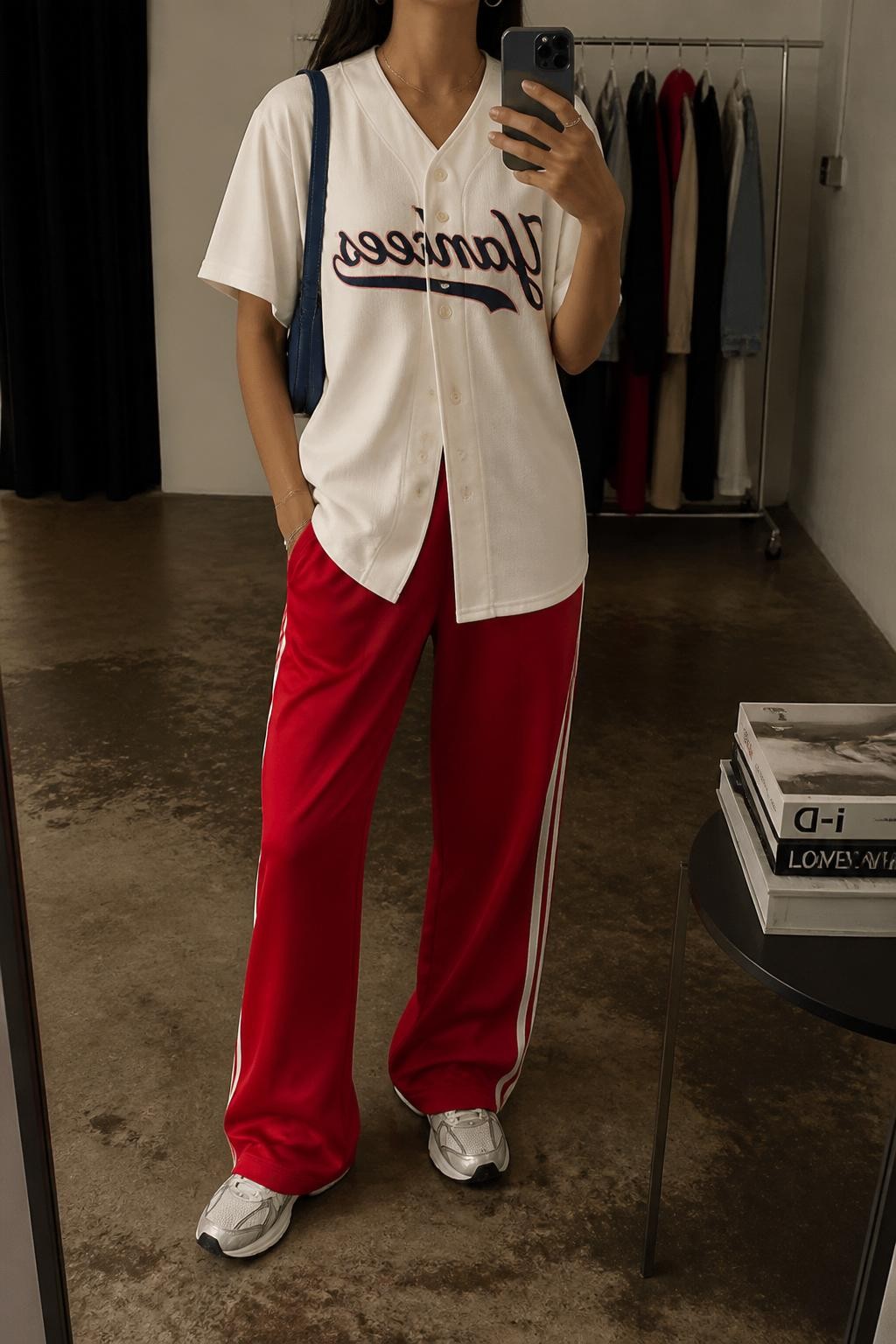 mirror selfie of a woman wearing a white button-front baseball jersey, red relaxed track pants with white side stripes, white running sneakers, navy mini shoulder bag, and silver huggie earrings, clearly showing the same clothing items, colors, fabrics, and accessories listed in the Outfit Pieces section, holding a phone in front of a mirror, cropped at NECK so the face does not show, with a relaxed casual selfie pose, in a fashion studio mirror corner, warm moody lighting, including a clothing rack with garments behind and a stack of fashion magazines on a side table, latest iPhone photo quality.
