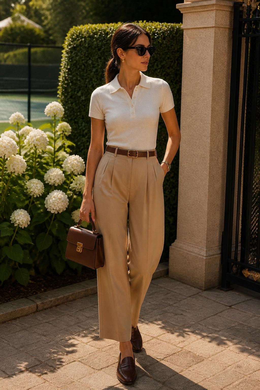 Image Prompt:
A chic old money casual outfit on a woman wearing an ivory fitted polo shirt tucked into camel pleated trousers, brown leather loafers, a slim leather belt, a structured mini handbag, black sunglasses, and simple gold jewelry. She is standing near a private tennis club entrance with white flowers, trimmed greenery, and warm sunlight. Realistic editorial street style image, polished preppy casual outfit, no text, no watermark.