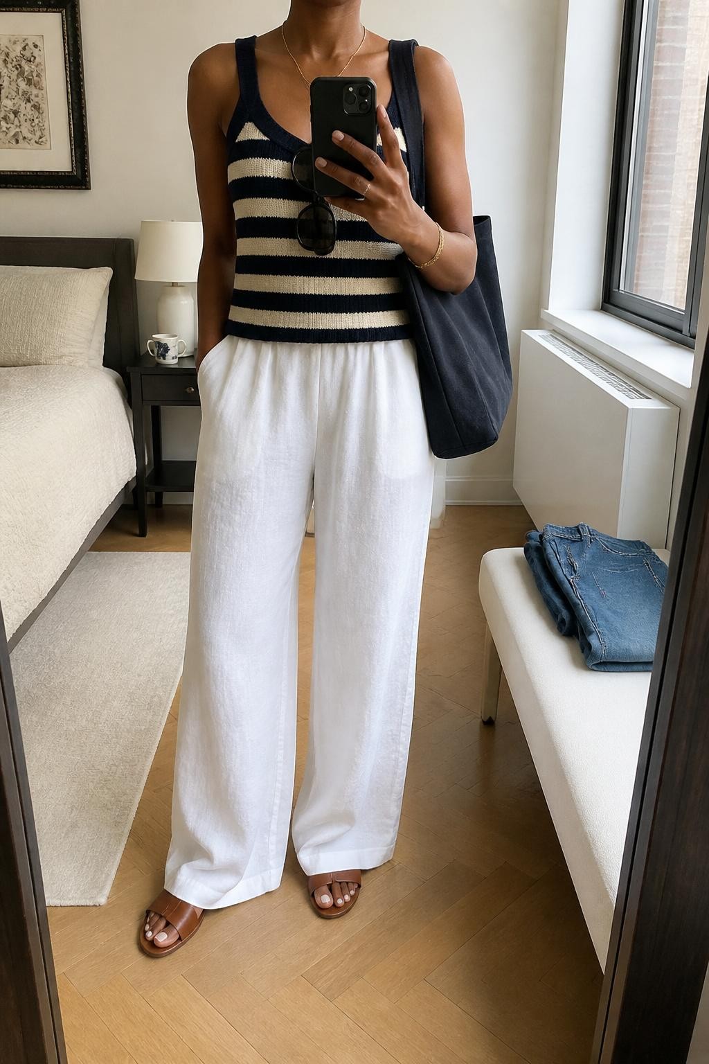 mirror selfie of a Black woman wearing a navy and white striped knit tank top, white lightweight wide-leg linen pants, brown flat sandals, navy canvas tote bag, and oversized sunglasses, clearly showing the same clothing items, colors, fabrics, and accessories listed in the Outfit Pieces section, holding a phone in front of a mirror, cropped at NECK so the face does not show, with a relaxed casual selfie pose, in a stylish city apartment, soft indoor lighting, including a coffee mug on a bedside table and folded denim jeans on a bench, latest iPhone photo quality.