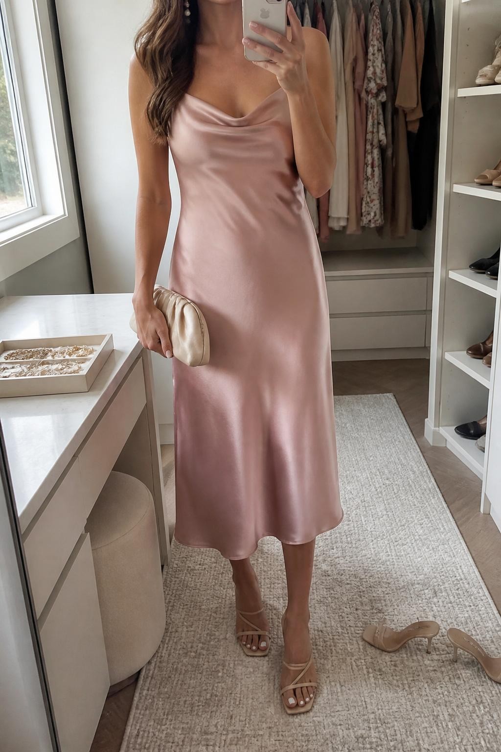 mirror selfie of a woman wearing a blush pink satin slip midi dress, nude strappy heeled sandals, pearl drop earrings, champagne satin mini clutch, and soft waves with rosy lip gloss, clearly showing the same clothing items, colors, fabrics, and accessories listed in the Outfit Pieces section, holding a phone in front of a mirror, cropped at NECK so the face does not show, with a relaxed casual selfie pose, in a walk-in closet mirror, natural window light, including a jewelry tray on the vanity and pair of heels on the floor nearby, latest iPhone photo quality.