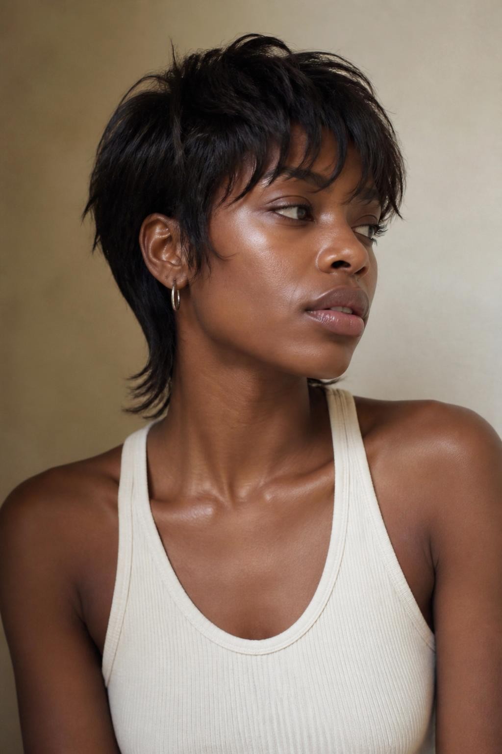 A realistic editorial portrait of a Black woman with deep brown skin wearing a soft mixie pixie mullet haircut, dark espresso brown hair, short feathered crown layers, wispy sideburn pieces framing the cheeks, softly tapered sides, longer airy mullet pieces brushing the nape of the neck, slightly piecey fringe falling across the forehead, natural hair texture with light movement, no overly glossy finish, small silver hoop earrings, cream ribbed tank top, photographed against a warm beige studio wall, soft natural light, visible skin texture, realistic flyaways, modern beauty editorial style, DSLR portrait, shallow depth of field.