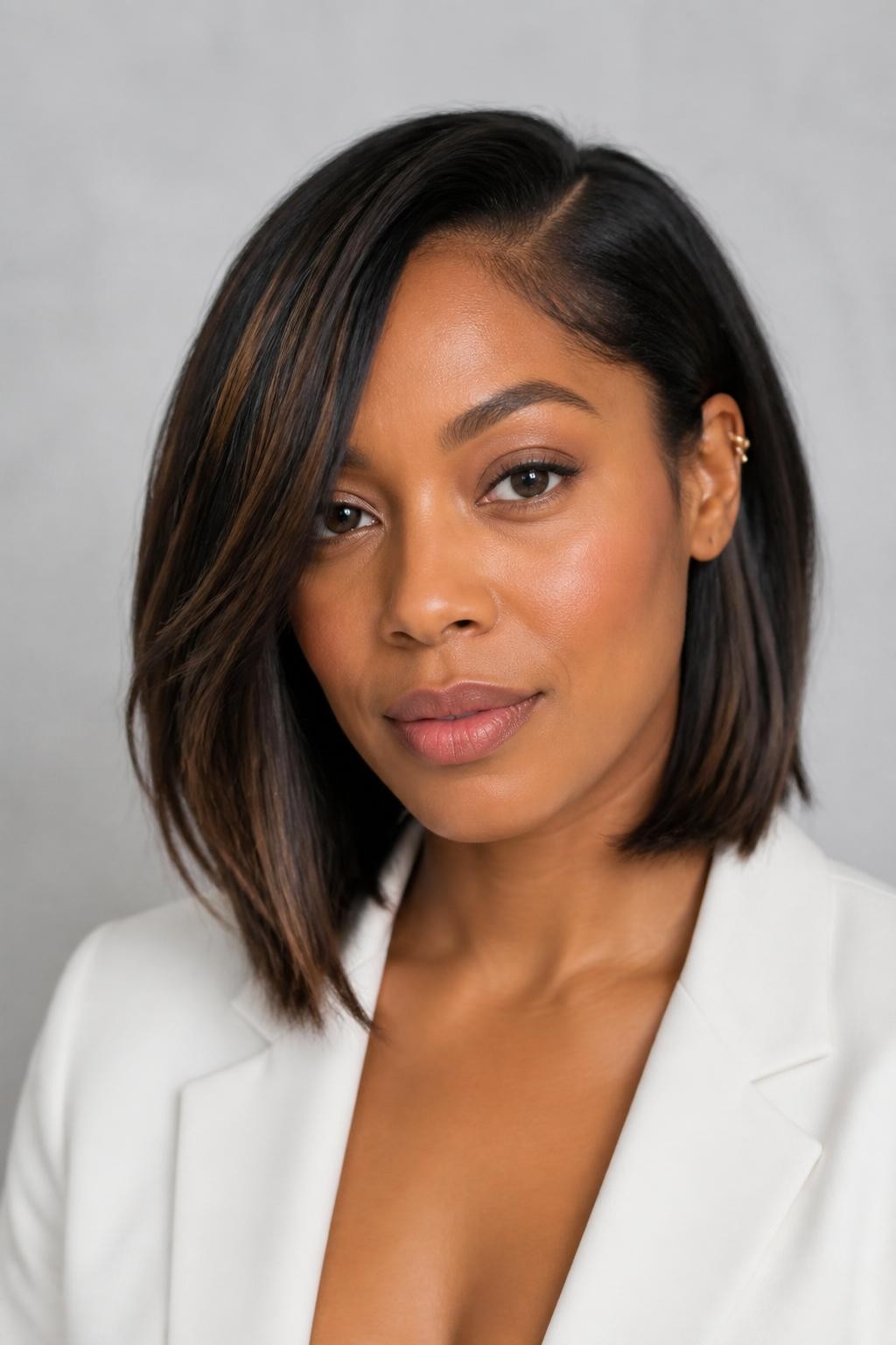 A realistic editorial portrait of a Black woman with medium brown skin wearing an asymmetrical collarbone lob, one side slightly longer and touching the collarbone, the other side sitting just above it, smooth dark espresso hair with soft mocha brown highlights, deep side part, side-swept layers, gentle bend through the ends, natural baby hairs, subtle root volume, gold ear cuff on the shorter side, ivory blazer, photographed in a bright studio with a soft gray backdrop, natural skin texture, realistic hair movement, polished but not overly perfect.