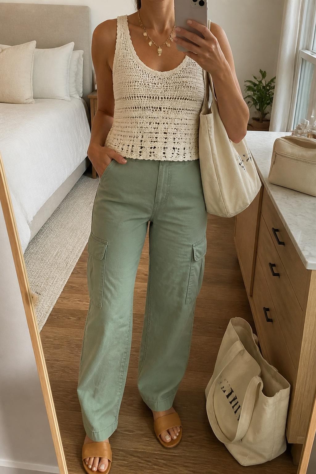 mirror selfie of a woman wearing sage green cargo pants, ivory crochet sleeveless top, tan leather slide sandals, cream canvas tote bag, and gold charm necklace, clearly showing the same clothing items, colors, fabrics, and accessories listed in the Outfit Pieces section, holding a phone in front of a mirror, cropped at NECK so the face does not show, with a relaxed casual selfie pose, in a cozy bedroom mirror setup, natural window light, including a cream tote bag resting on the floor and a cosmetic bag on the counter, latest iPhone photo quality.