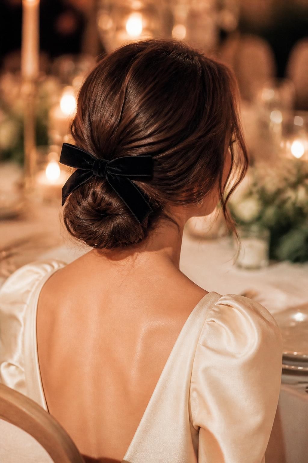 Image Prompt:
A realistic beauty photo of a woman with medium-length chestnut hair styled into a soft low updo for a wedding guest look, loosely twisted bun at the nape, black velvet bow tied neatly above the bun, soft tendrils around the face, cream formal dress, candlelit wedding dinner background, romantic elegant hairstyle inspiration, high-resolution DSLR photo, no text, (no watermarks on images)