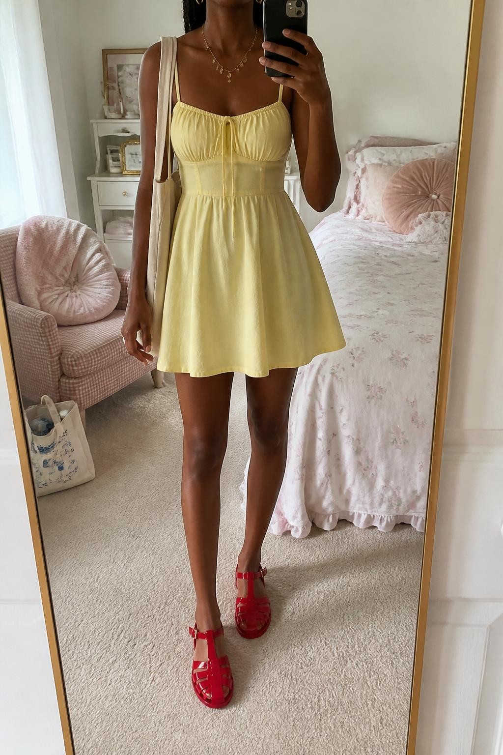 mirror selfie of a Black woman wearing a pale yellow cotton sundress, glossy red jelly shoes, cream canvas tote bag, gold charm necklace, and small gold hoop earrings, clearly showing the same clothing items, colors, fabrics, and accessories listed in the Outfit Pieces section, holding a phone in front of a mirror, cropped at NECK so the face does not show, with a relaxed casual selfie pose, in a feminine-themed bedroom, natural window light, including a cream tote bag resting on the floor and a folded blanket on a chair, latest iPhone photo quality.