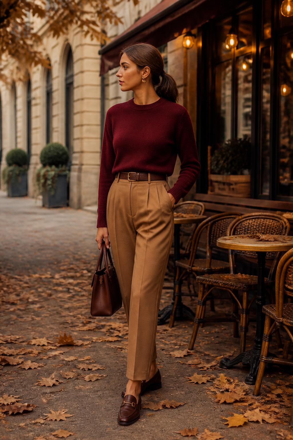 Image Prompt:
A classy old money autumn outfit featuring a woman wearing a burgundy cashmere crewneck sweater tucked into camel high-waisted tailored trousers, brown leather loafers, a slim brown belt, a structured brown handbag, gold earrings, and a neat low ponytail. She is standing near an outdoor café with warm lights, brown leaves, and cream stone buildings. Realistic DSLR editorial street style image, rich fall color palette, polished casual elegance, no text, no watermark.