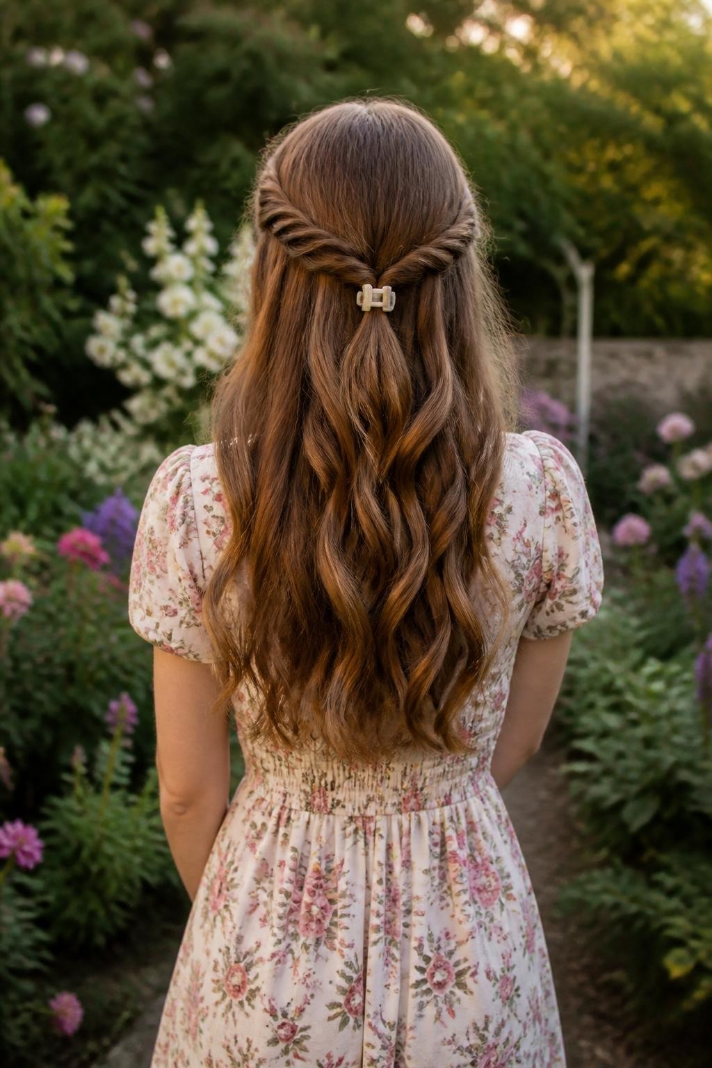 Image Prompt:
A realistic back-view hairstyle photo of a woman with long caramel brown hair styled half up half down with two small side braids meeting at the back, braids secured with a small cream claw clip, soft loose waves flowing down the back, floral midi dress, garden background, golden hour light, romantic braided hairstyle inspiration, high-resolution DSLR photo, no text, (no watermarks on images)