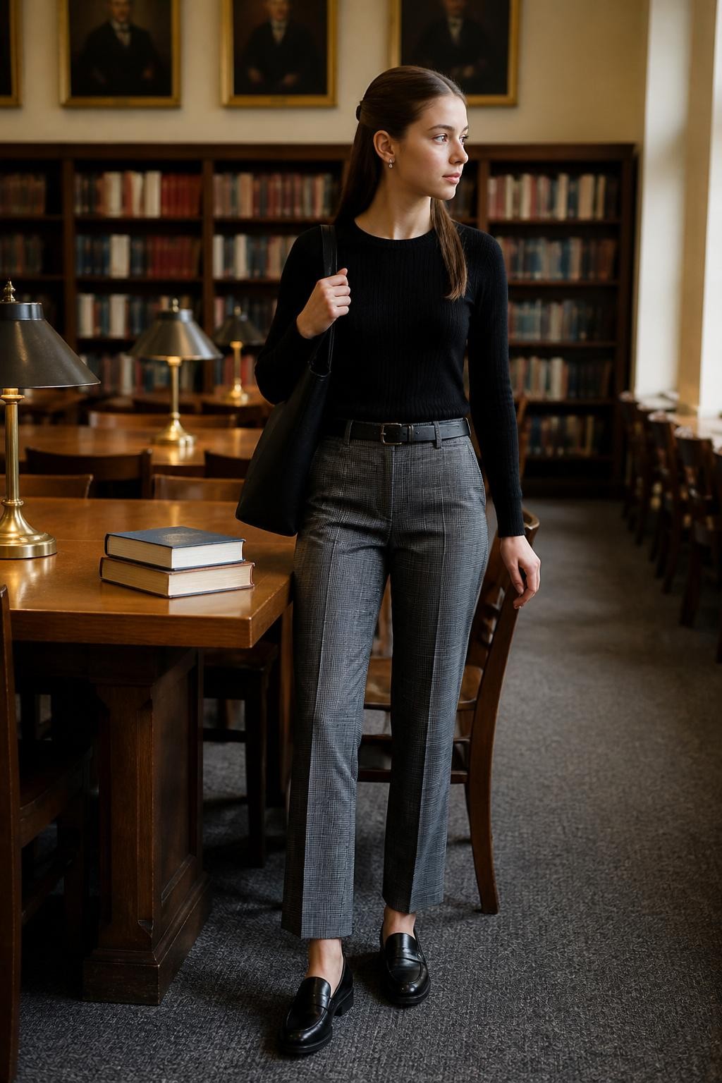 Image Prompt:
A classy old money school outfit featuring a teen girl wearing a fitted black long-sleeve knit top tucked into gray plaid straight-leg trousers, black loafers, a slim black belt, a black school tote, small silver earrings, and a sleek half-up hairstyle. She is standing beside a school library table with books, warm lamps, and soft academic lighting. Realistic DSLR fashion editorial image, full-body student outfit, refined neutral styling, no text, no watermark.