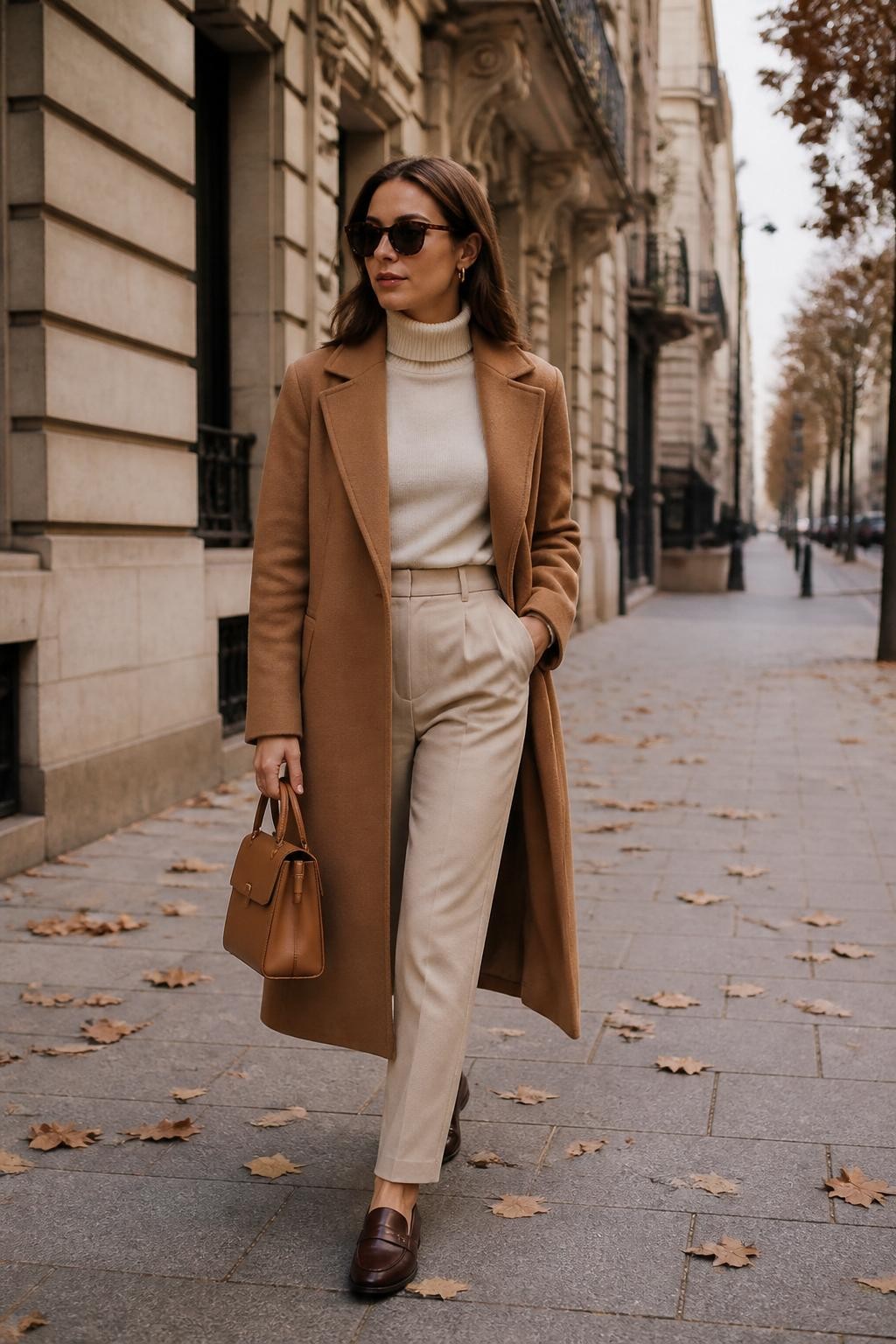 Image Prompt:
A stylish old money autumn outfit on a woman wearing a long camel wool coat over a cream cashmere turtleneck, high-waisted beige tailored trousers, brown leather loafers, a structured tan handbag, small gold hoop earrings, and dark tortoiseshell sunglasses. She is walking along a quiet city street with brown leaves on the sidewalk, classic stone buildings, soft cloudy daylight, and an elegant fall mood. Full-body realistic DSLR fashion editorial photo, refined neutral palette, rich wool and knit textures, no text, no watermark.