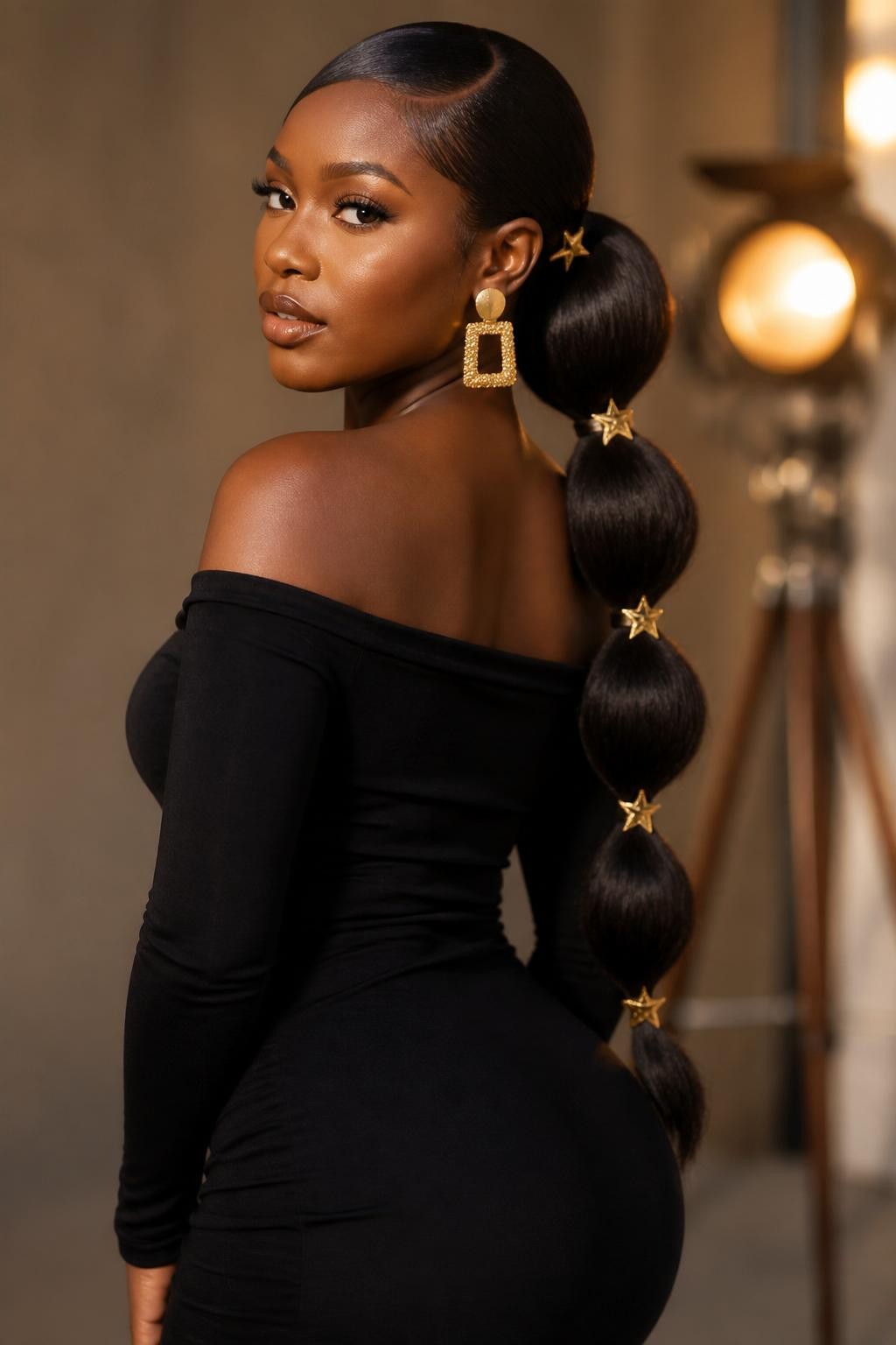 Image Prompt:
A realistic fashion hairstyle photo of a black woman with long relaxed hair styled into a low bubble ponytail, each bubble section accented with small gold star clips placed neatly along the ponytail, smooth side part, warm brown skin, fitted black dress, statement earrings, warm studio lighting, creative modern ponytail inspiration, high-resolution DSLR photo, no text, (no watermarks on images)
