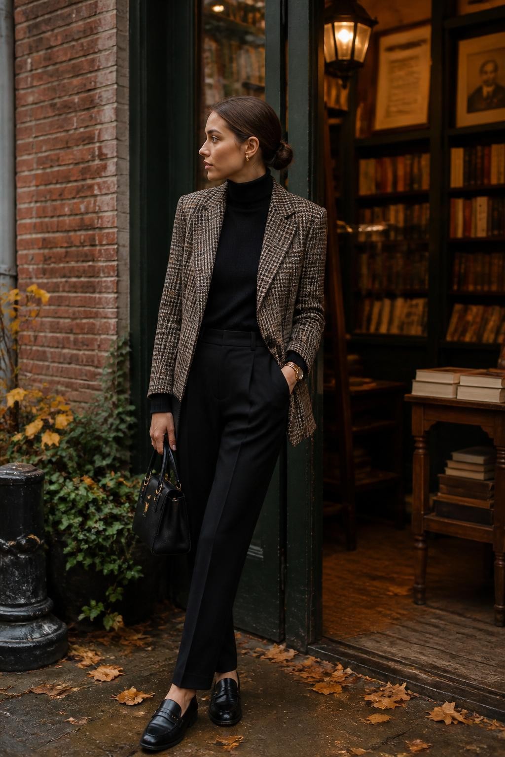 Image Prompt:
A polished old money autumn outfit featuring a woman wearing a brown and cream plaid wool blazer over a fitted black turtleneck, black tailored trousers, black leather loafers, a structured black handbag, gold watch, small gold earrings, and a sleek low bun. She is standing near a bookstore entrance with warm indoor lighting, fallen leaves, and old brick walls. Realistic DSLR editorial fashion image, refined academic fall mood, classic tailoring, no text, no watermark.