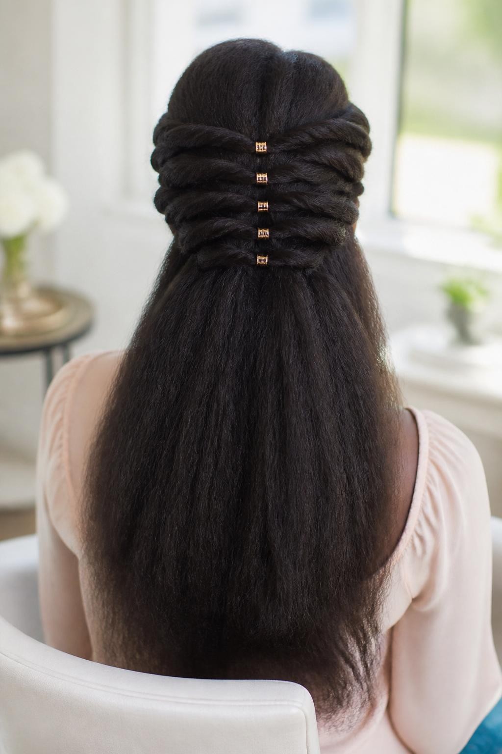 Image Prompt:
A realistic back-view beauty photo of a black woman with long softly stretched natural hair styled with a waterfall-inspired twist-back design, several narrow gold barrette clips placed vertically down the center where the twists meet, soft volume through the hair, warm brown skin, blush blouse, bright indoor natural light, elegant creative hairstyle inspiration, high-resolution DSLR photo, no text, (no watermarks on images)