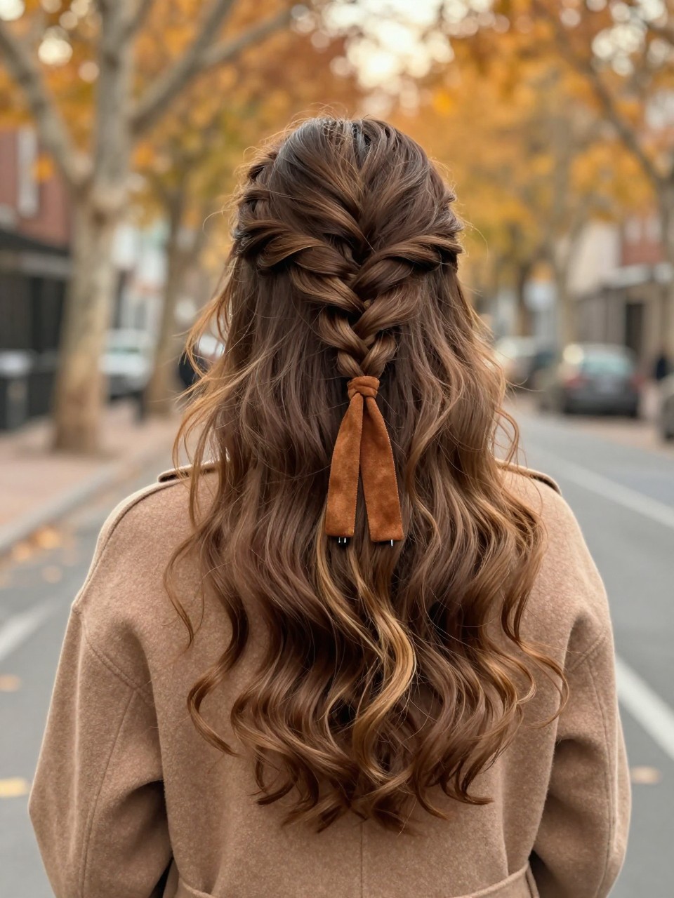 Photo of a woman wearing very long softly waved hair styled into a loose center Dutch braid that becomes fuller toward the ends, finished with a narrow chestnut-brown suede tie, back-of-head view on a softly blurred city street lined with amber fall trees, warm golden hour glow, small hair clip attached to her wool coat collar and natural flyaways moving in the breeze, realistic candid autumn outing, latest iPhone photo quality.