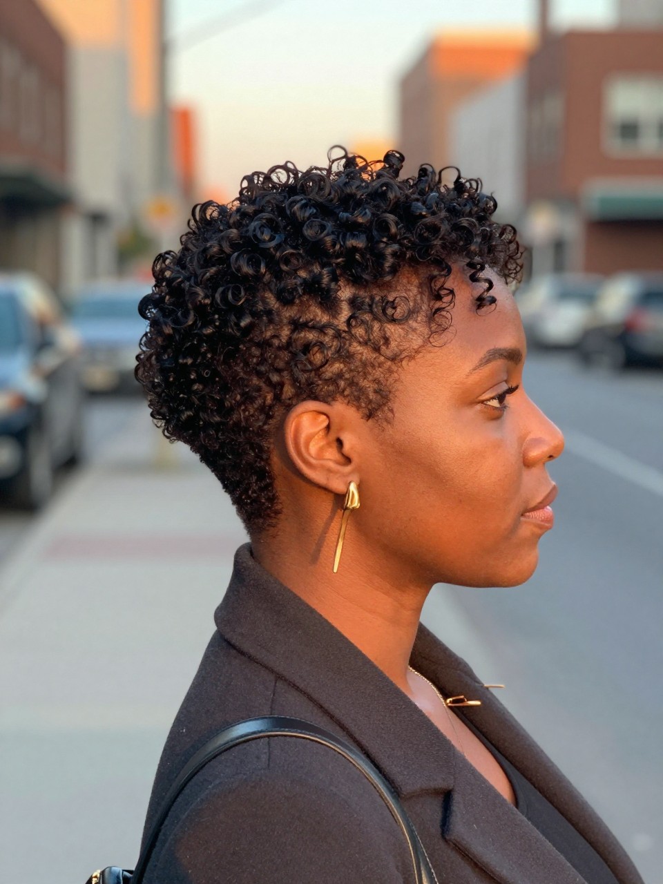 Image prompt
Photo of a Black woman wearing a short curly sew-in pixie with compact coils, soft height through the crown, tapered-looking sides, and a few curls sweeping across the forehead, side profile view against a softly blurred city street background, golden hour glow, containing a small lived-in detail such as sculptural gold earrings, a slim hair clip attached to her coat collar, and a small crossbody bag, realistic candid photograph, latest iPhone photo quality.
