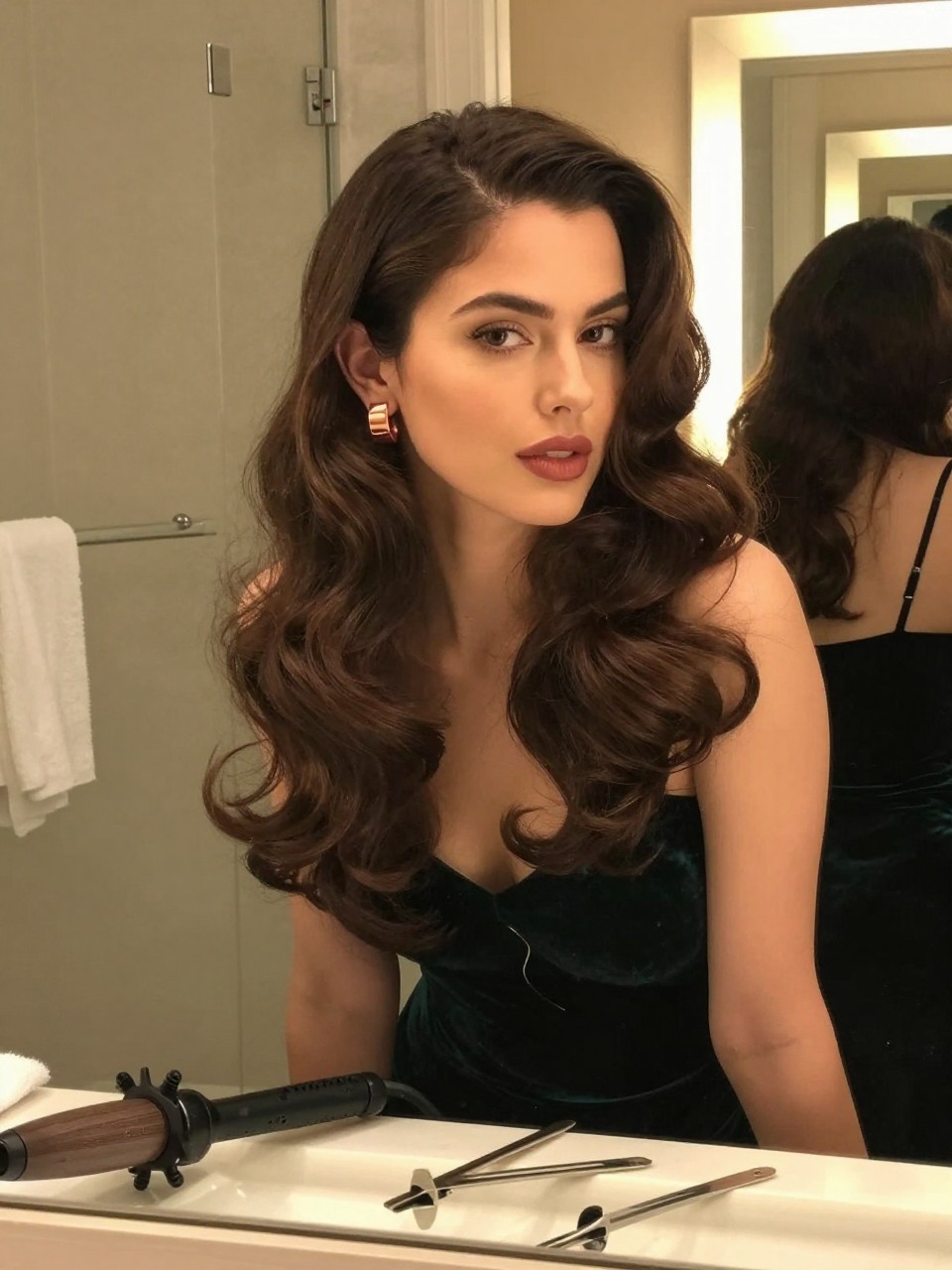 Photo of a woman wearing long glossy Old Hollywood waves with a deep side part and one side tucked neatly behind the ear, candid mirror selfie in a hotel bathroom, soft golden indoor lighting, curling iron and metal setting clips lined up on the counter, copper statement earrings visible and a dark green velvet dress reflected in the mirror, realistic smooth texture, latest iPhone photo quality.