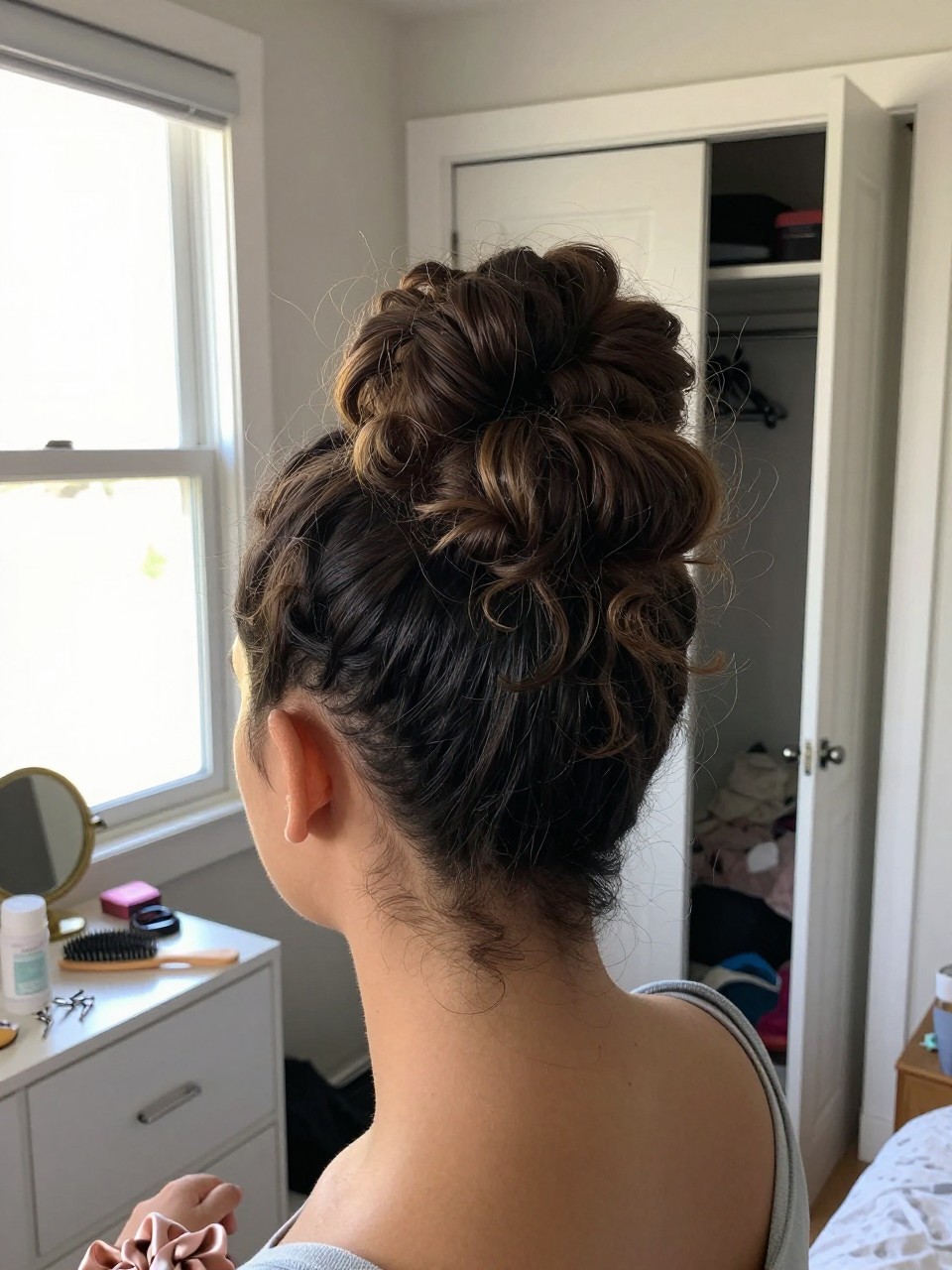Image prompt
Photo of a woman wearing three soft curly buns stacked vertically from the crown to the nape, creating a mohawk shape with loose curl ends visible around each bun, back-of-head view highlighting the bun placement, standing in a sun-drenched bedroom, natural window light, containing a small lived-in detail such as bobby pins and a paddle brush on the dresser, a slightly open closet behind her, and a silk scrunchie on her wrist, realistic getting-ready moment, latest iPhone photo quality.