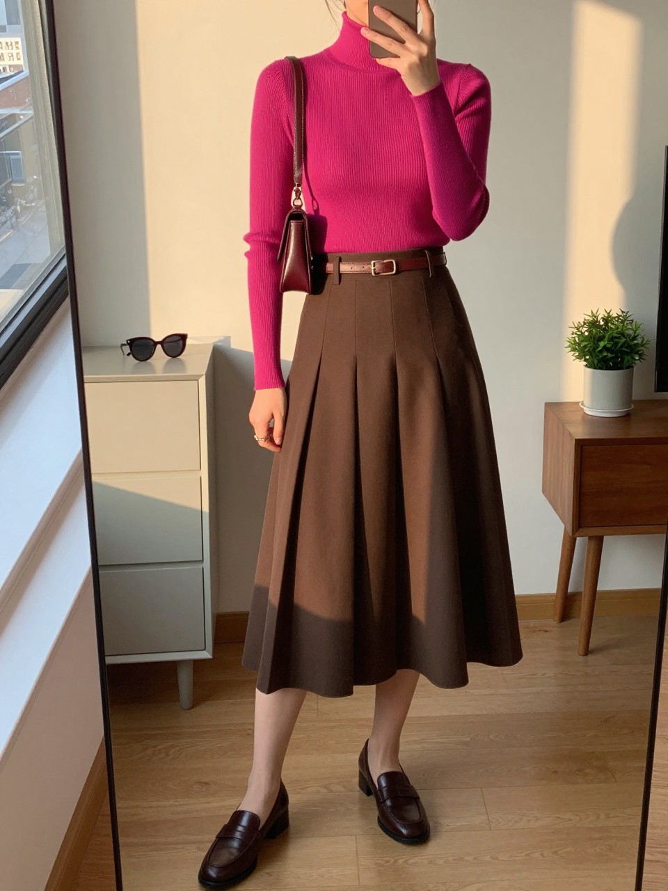 mirror selfie of a woman wearing a fitted magenta ribbed turtleneck, chocolate brown pleated midi skirt, dark brown heeled loafers, a slim brown leather belt, and a small burgundy shoulder bag, clearly showing the same clothing items, colors, fabrics, and accessories listed in the Outfit Pieces section, holding a phone in front of a mirror, cropped at NECK so the face does not show, with a relaxed casual selfie pose, in a stylish city apartment, evening golden hour, including sunglasses placed on a dresser and a small plant on a side table, latest iPhone photo quality.